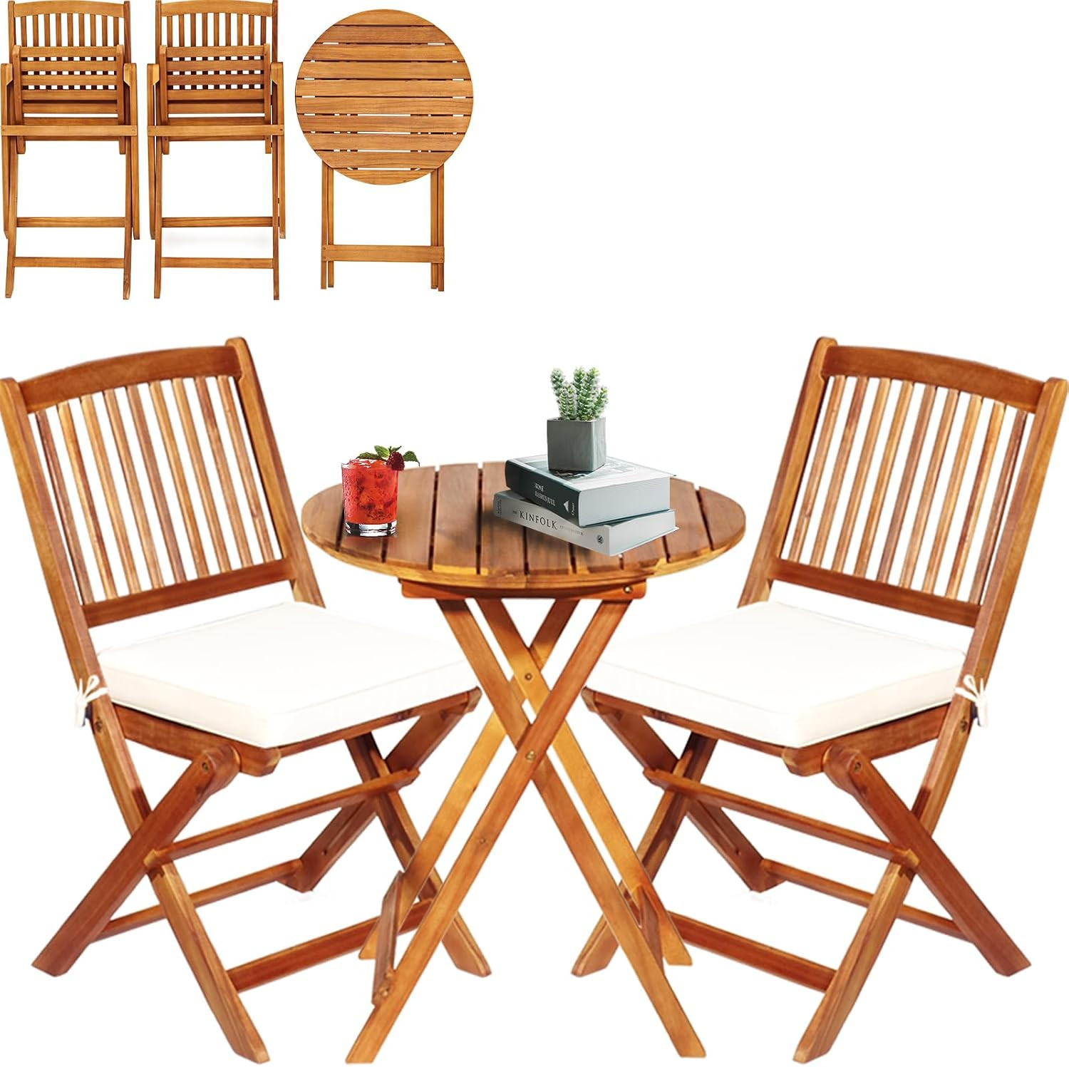 S AFSTAR Bistro Table and Chairs Set of 2, Acacia Wood Folding Bistro Set for 2