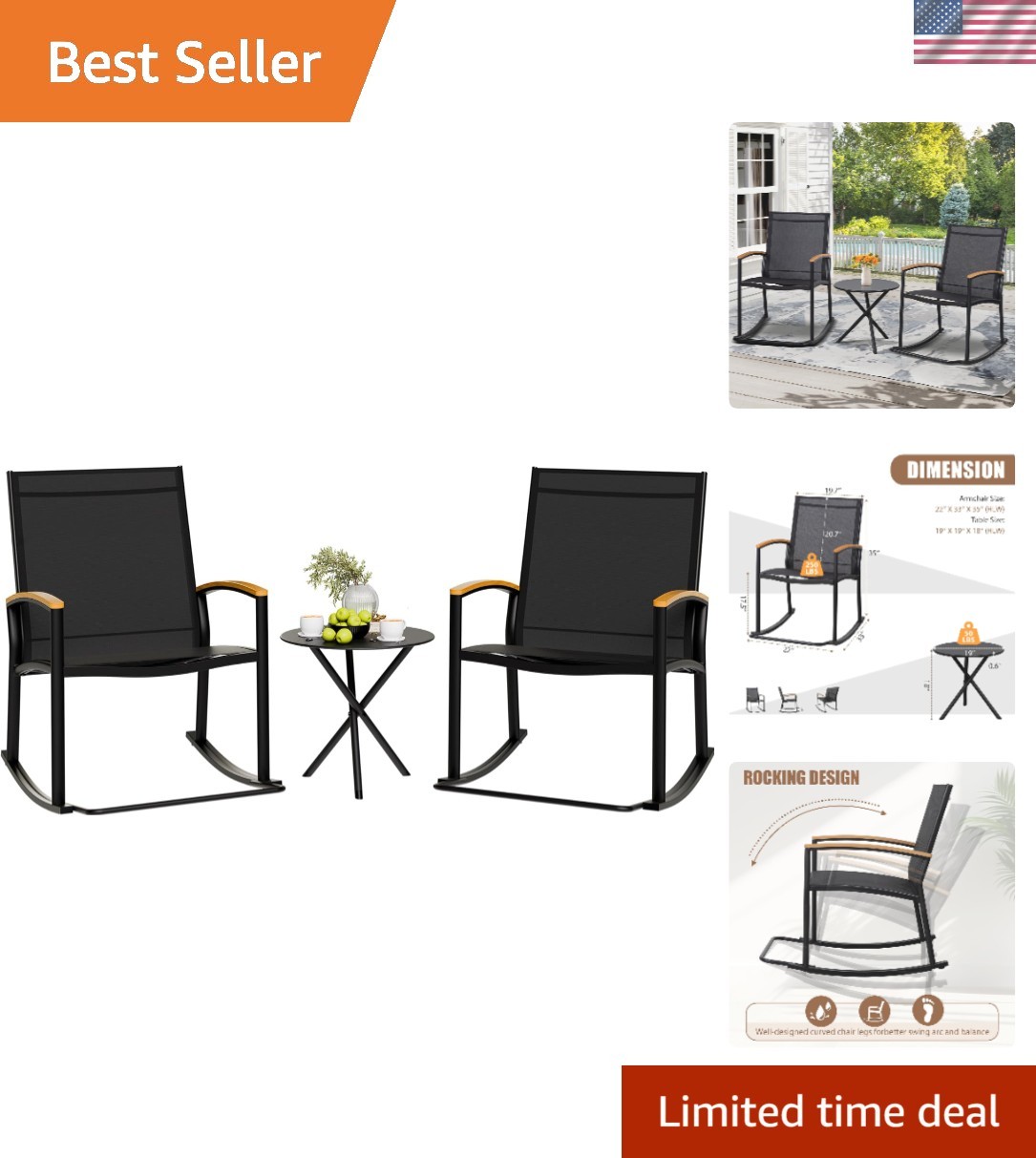 Stylish Black Outdoor Rocker Chairs with Table – Ideal for Relaxing Afternoons