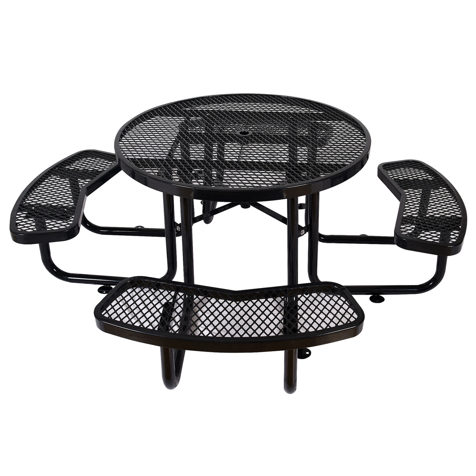 46” Coated Steel Outdoor Round Picnic Table & Bench Set for 8 w/ Umbrella Pole