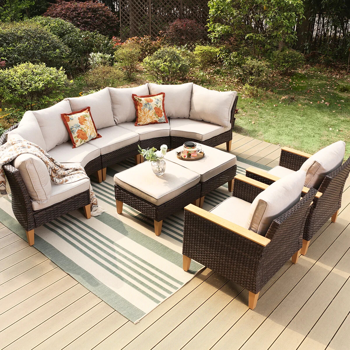 9 Pieces Yard Outdoor Patio Furniture Set PE Rattan Wicker Conversation Sofa Set