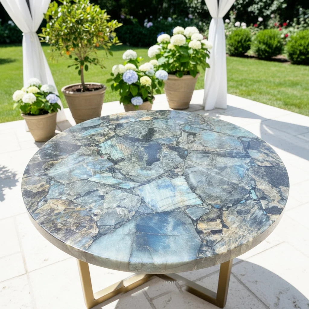 Natural Labradorite Stone Round Coffee Table | Handmade Luxury Decor
