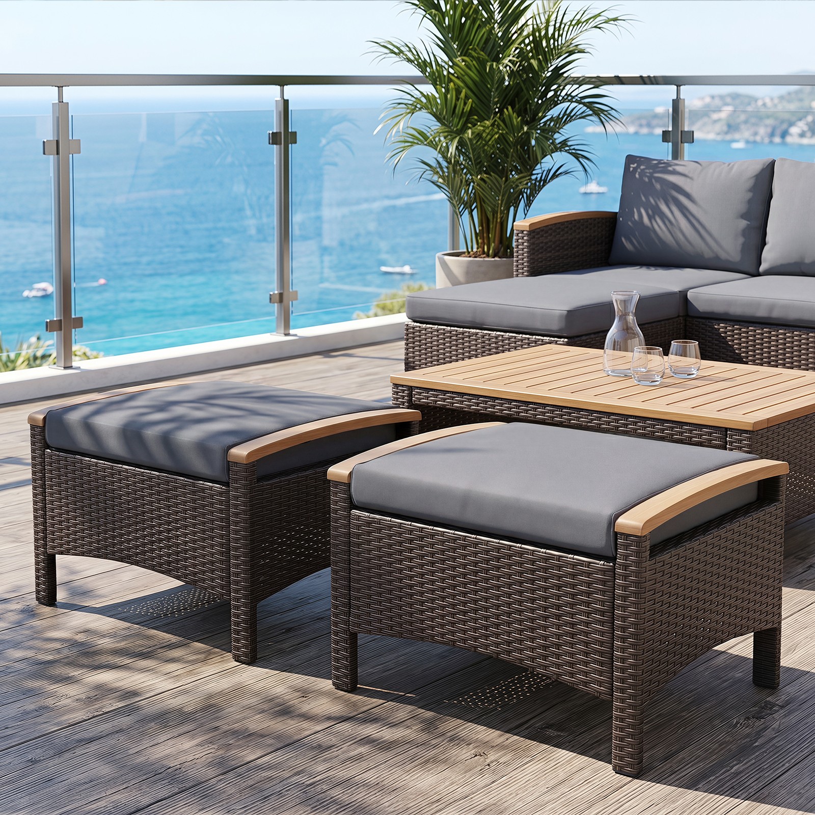Set of 2 Outdoor Patio Ottoman w/Removable Cushions and Solid Acacia Wood Handle