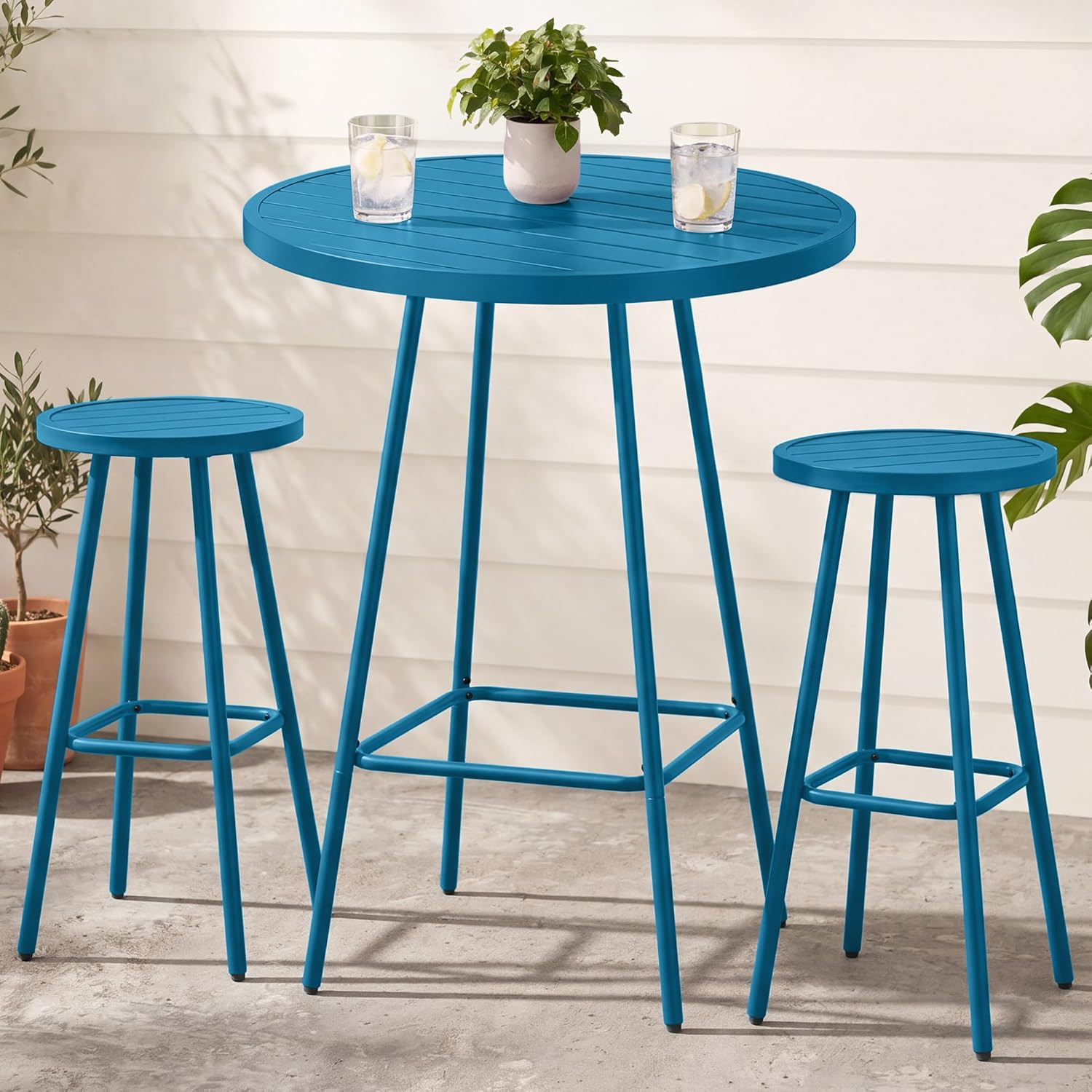 Peacock Blue 3-Piece Outdoor Bar Dining Set with Round Table & 2 Stools