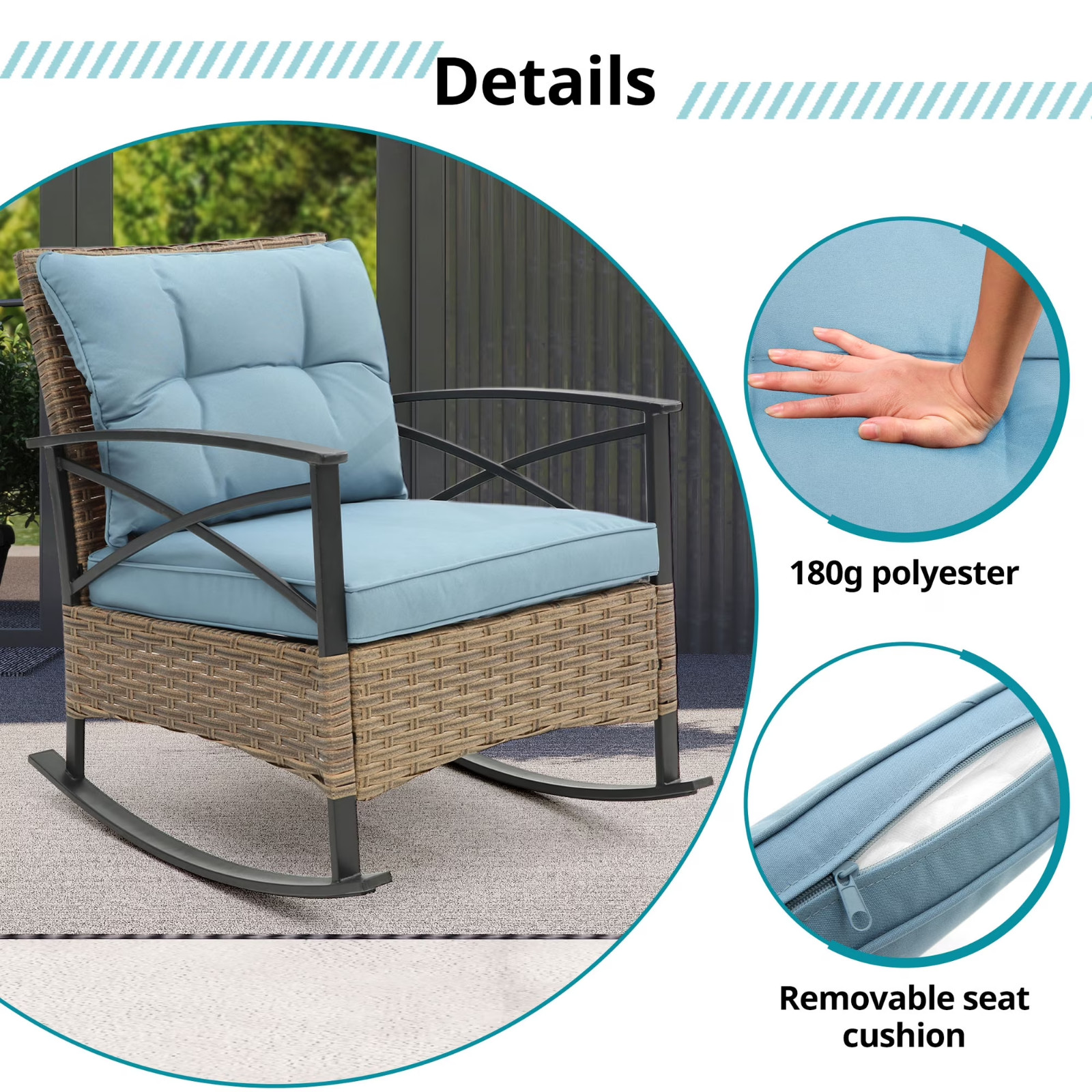 3-Piece Wicker Outdoor Patio Rocking Chair Set Blue Cushions & Coffee Table