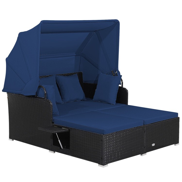Outdoor Patio Rattan Daybed Lounge Retractable Canopy Side Table W/ Navy Cushion