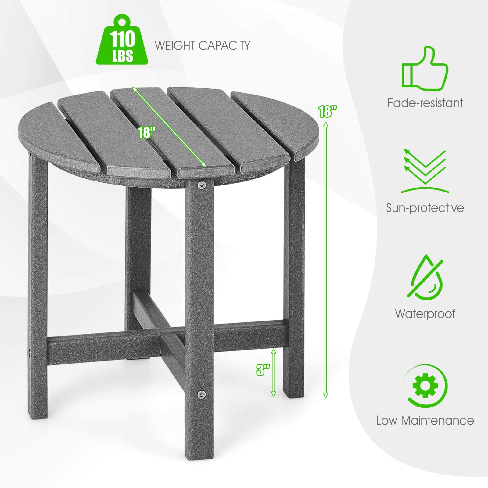 2PCS 18″ Patio Adirondack Side Table Weather Resistant HDPE Garden Grey