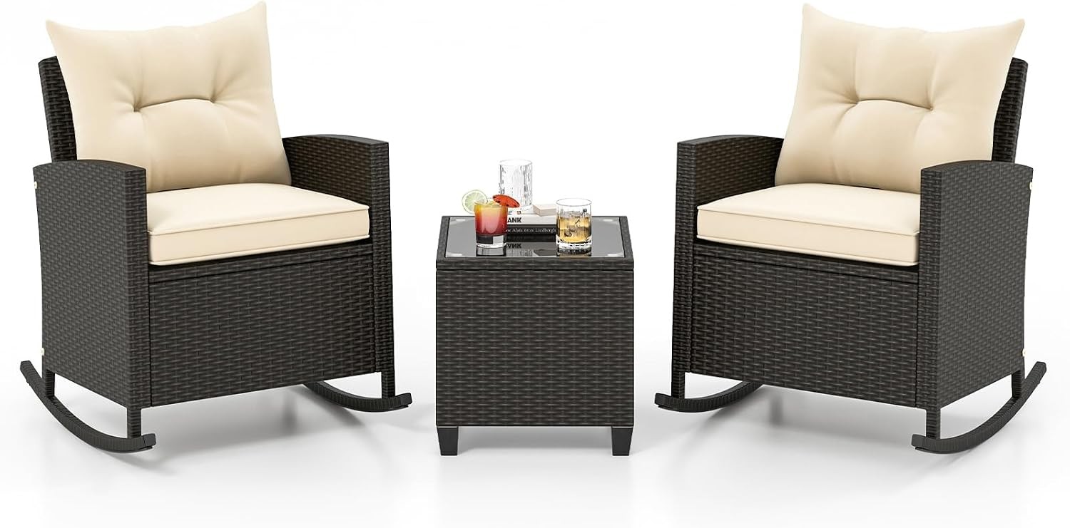 3-Piece Rocking Bistro Set Rattan Wicker Rocking Chairs Set of 2 w/Soft Cushions