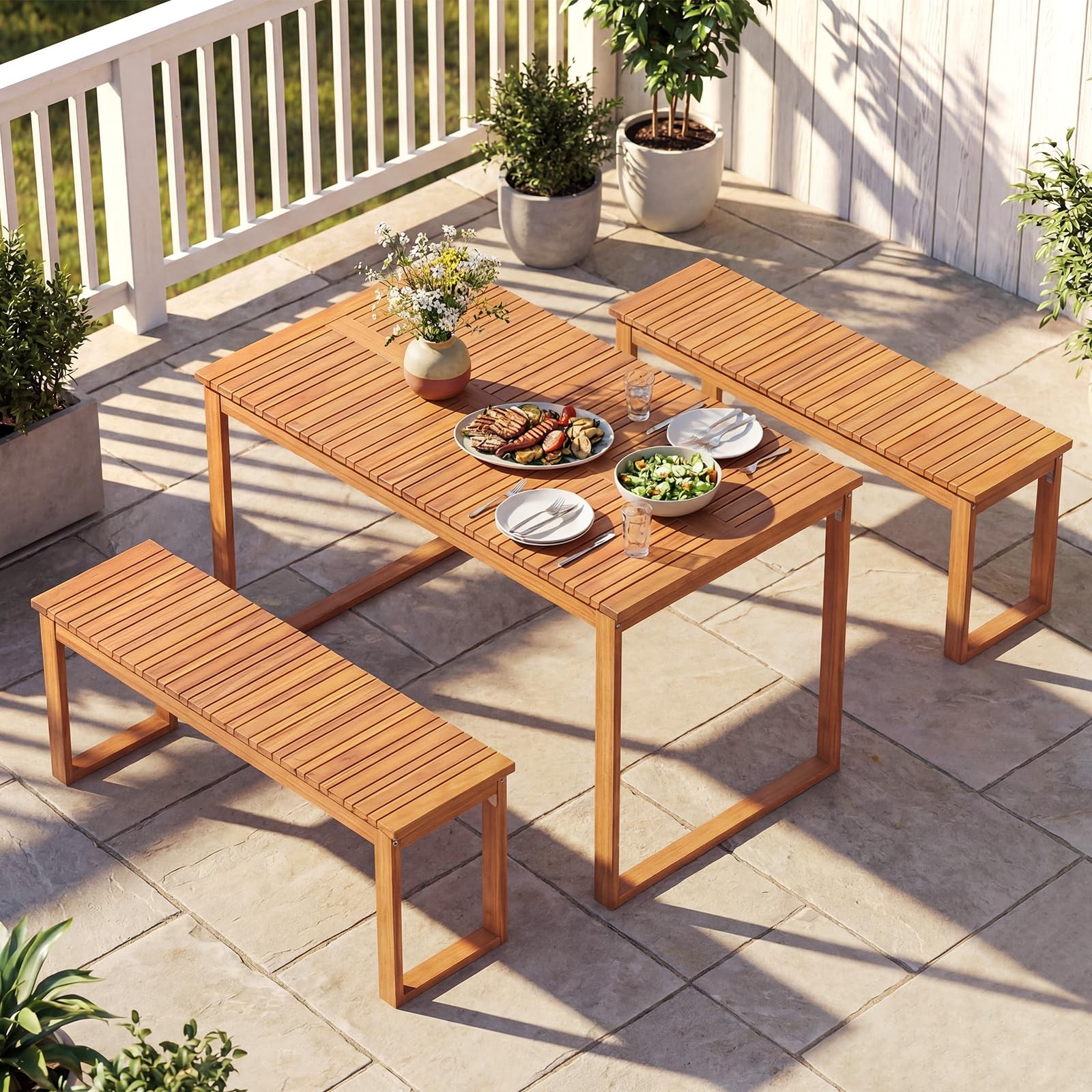 Tangkula 3 Pieces Patio Wooden Dining Set, Acacia Wood Rectangular Picnic Bee…