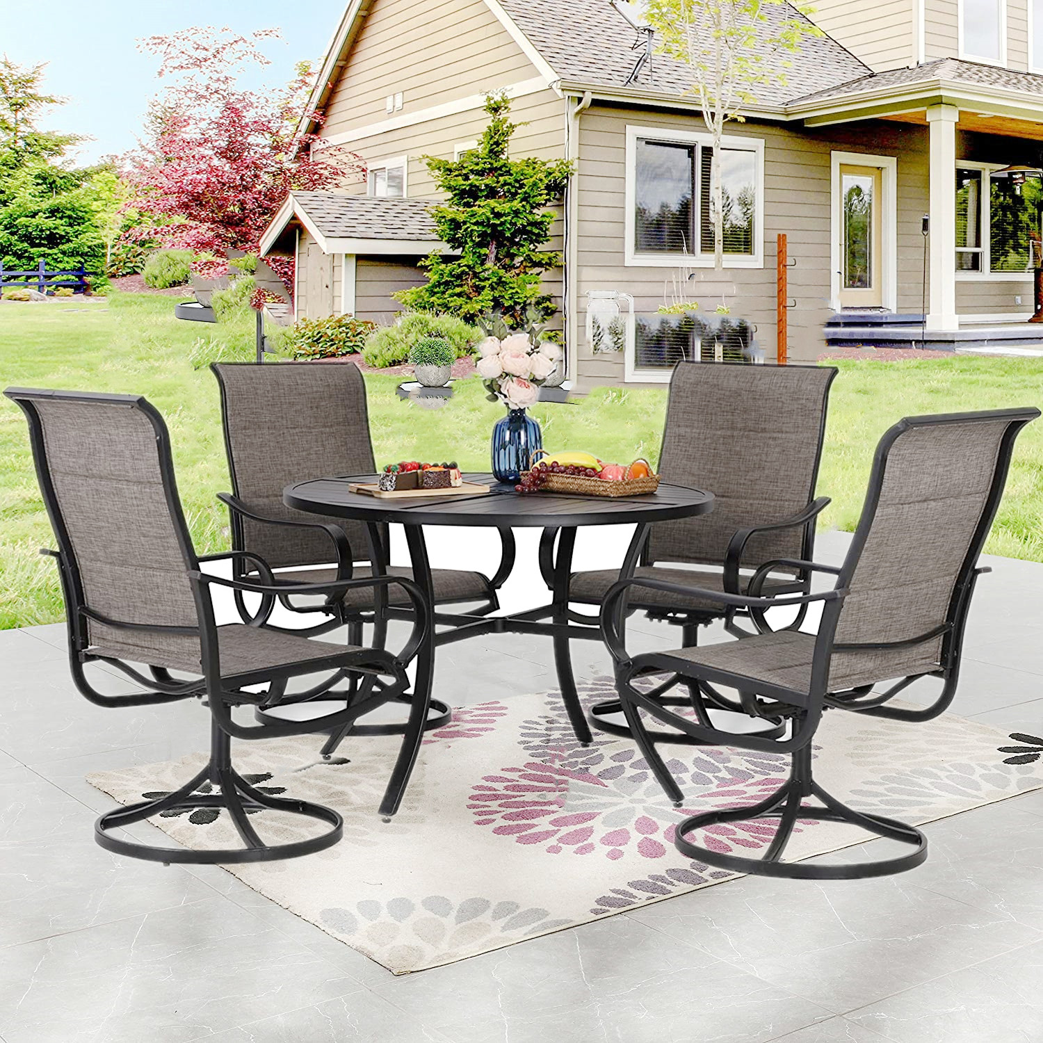 5 Piece Outdoor Furniture Set Swivel Patio Chairs High Back Round Dining Table