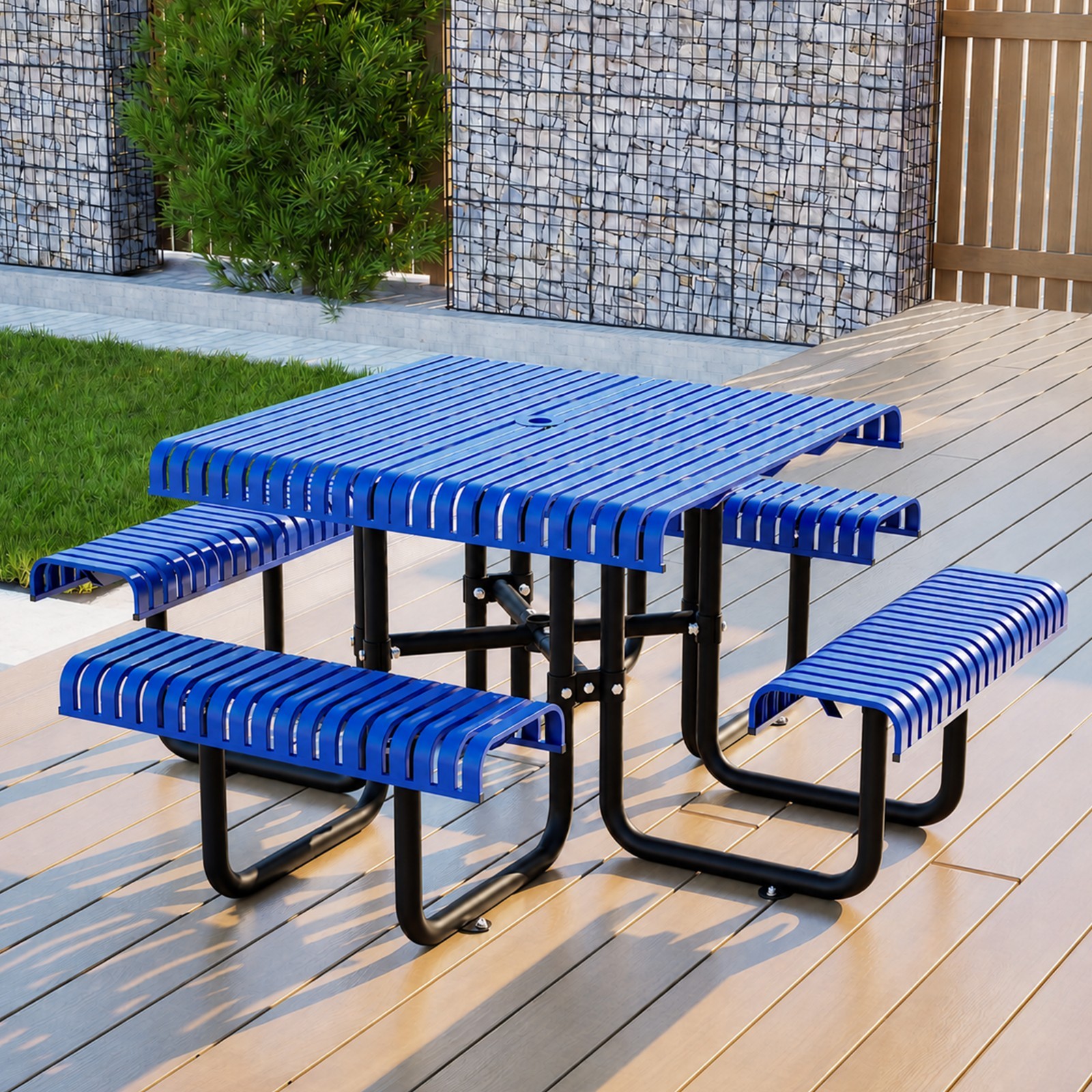Outdoor 8-person Square Picnic Table Bench Set w/ 4 Benches & Umbrella Hole