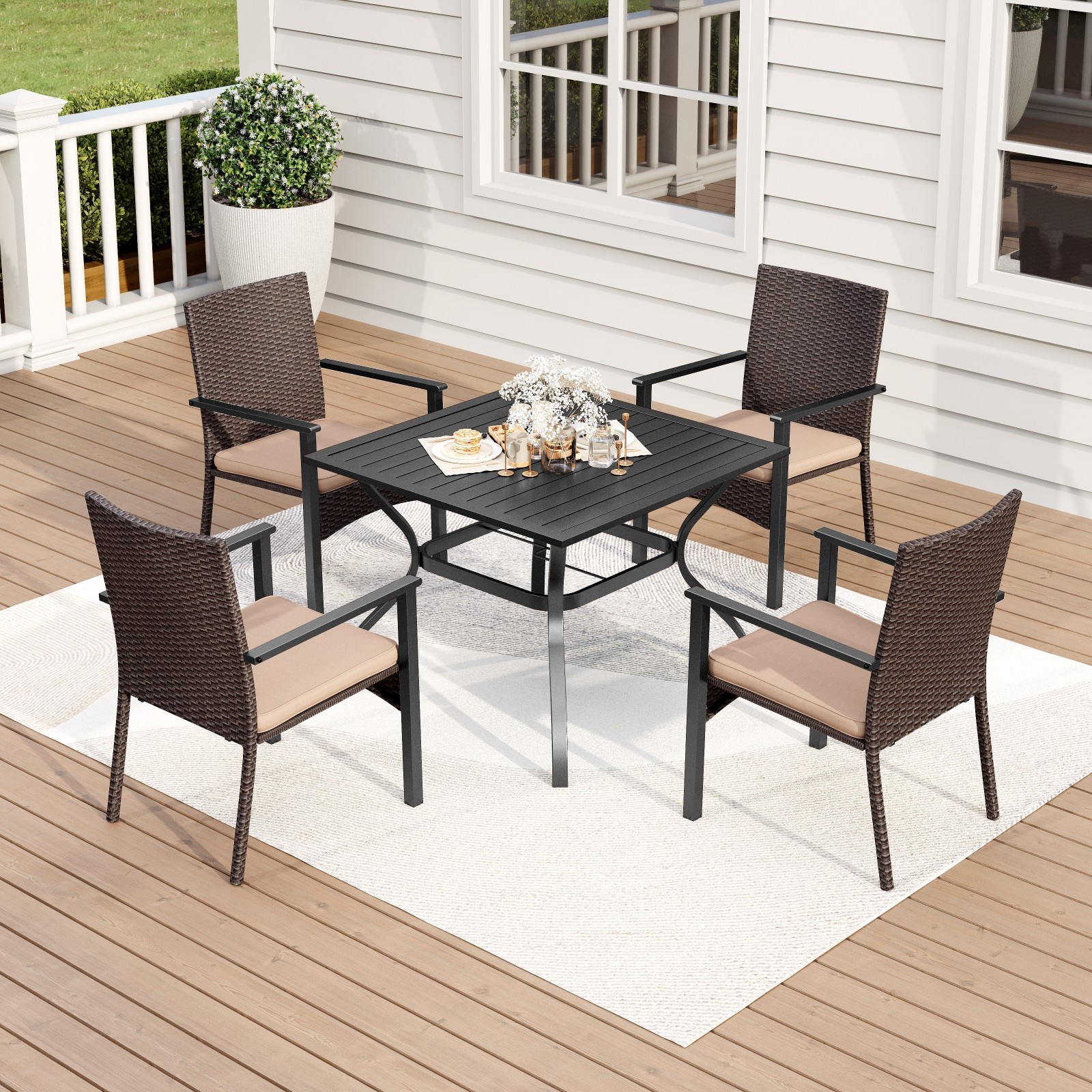 5PCS Outdoor Dining Set Patio Rattan Chair Square Metal Table with Umbrella Hole