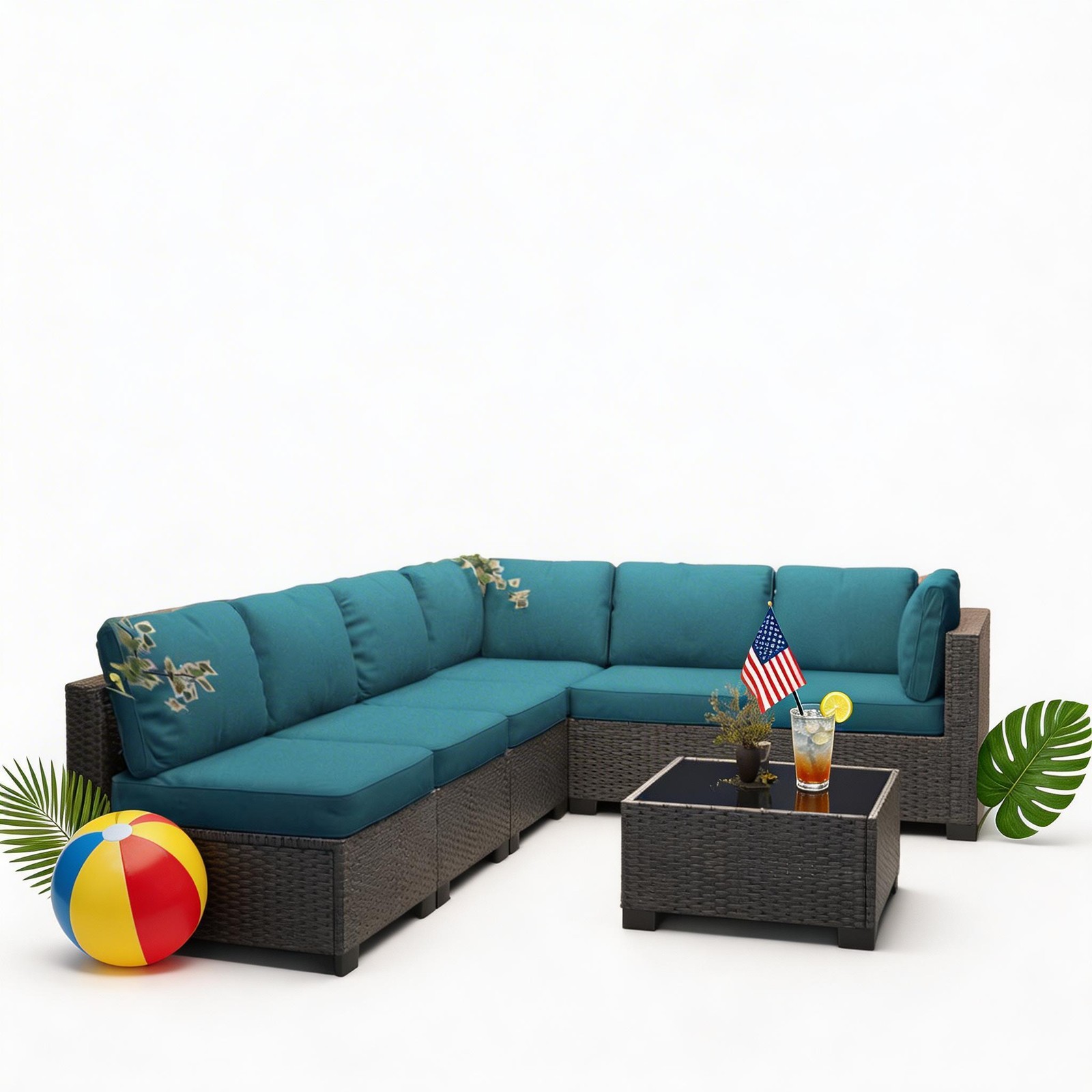 7 Piece Patio Furniture Set, Outdoor Modular Wicker Sectional Couch with Table