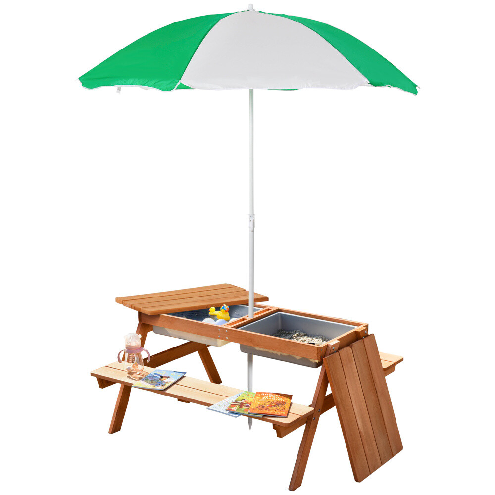 Kids Picnic Table w/ Umbrella & Storage – Sand/Water Play, Outdoor Wooden Bench