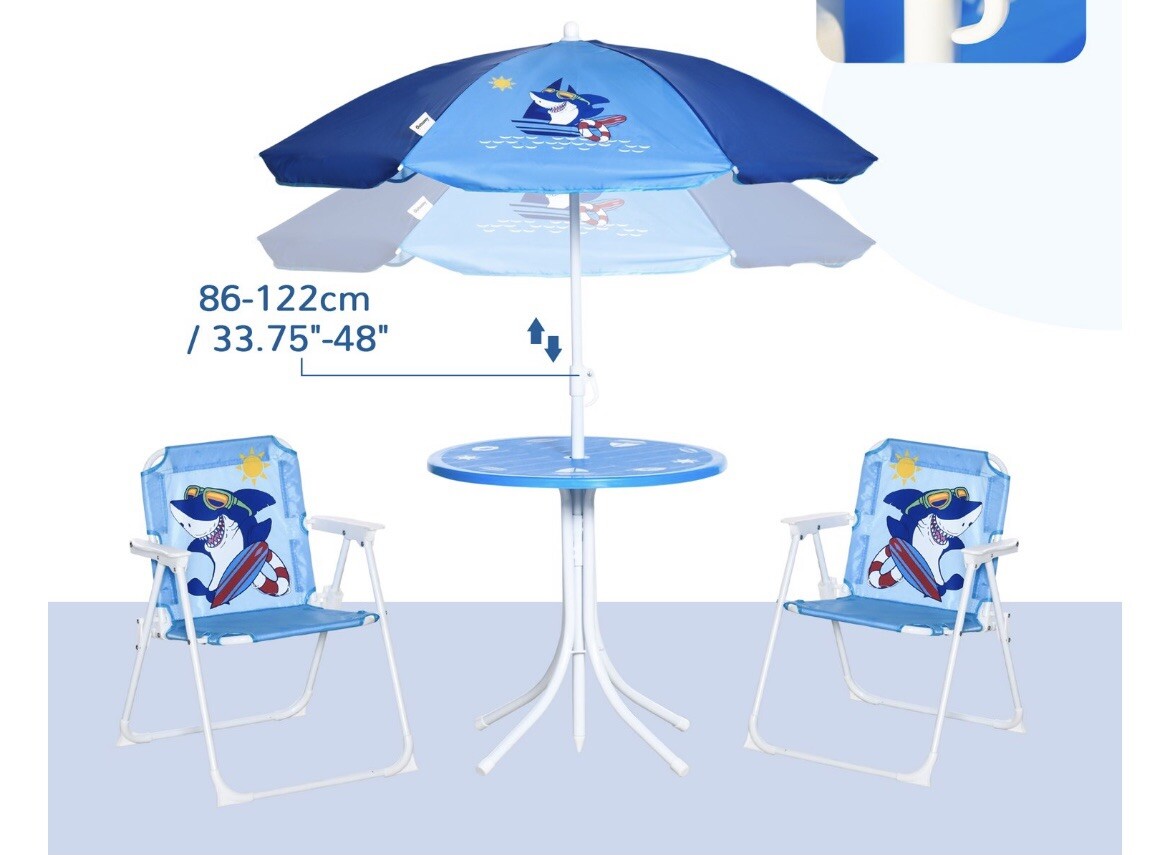Kids Folding Picnic Table and Chair Set, w/ Adjustable Umbrella, Shark Pattern