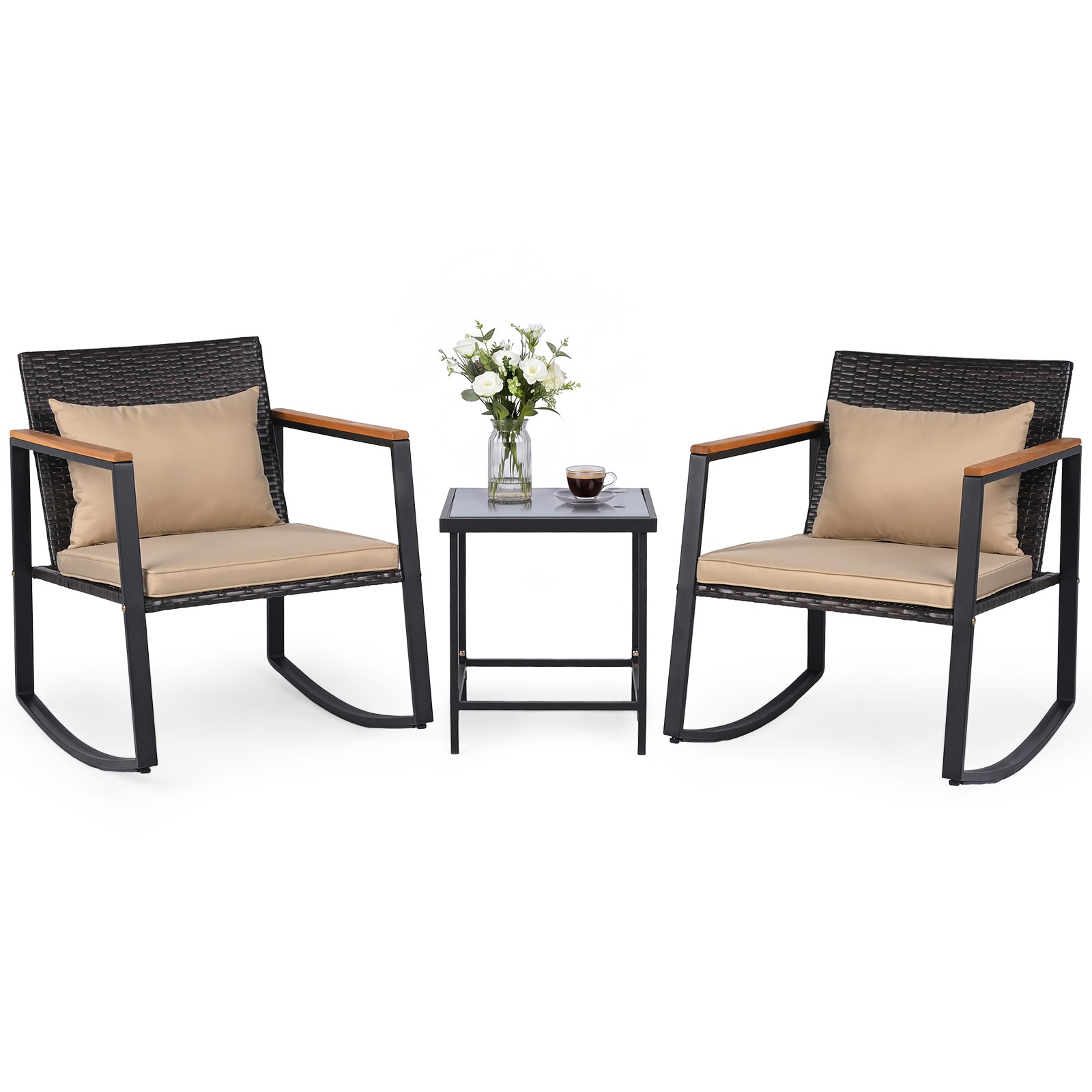 3-Piece Outdoor Rocking Bistro Set, Patio Rocking Chairs & Coffee Table Set