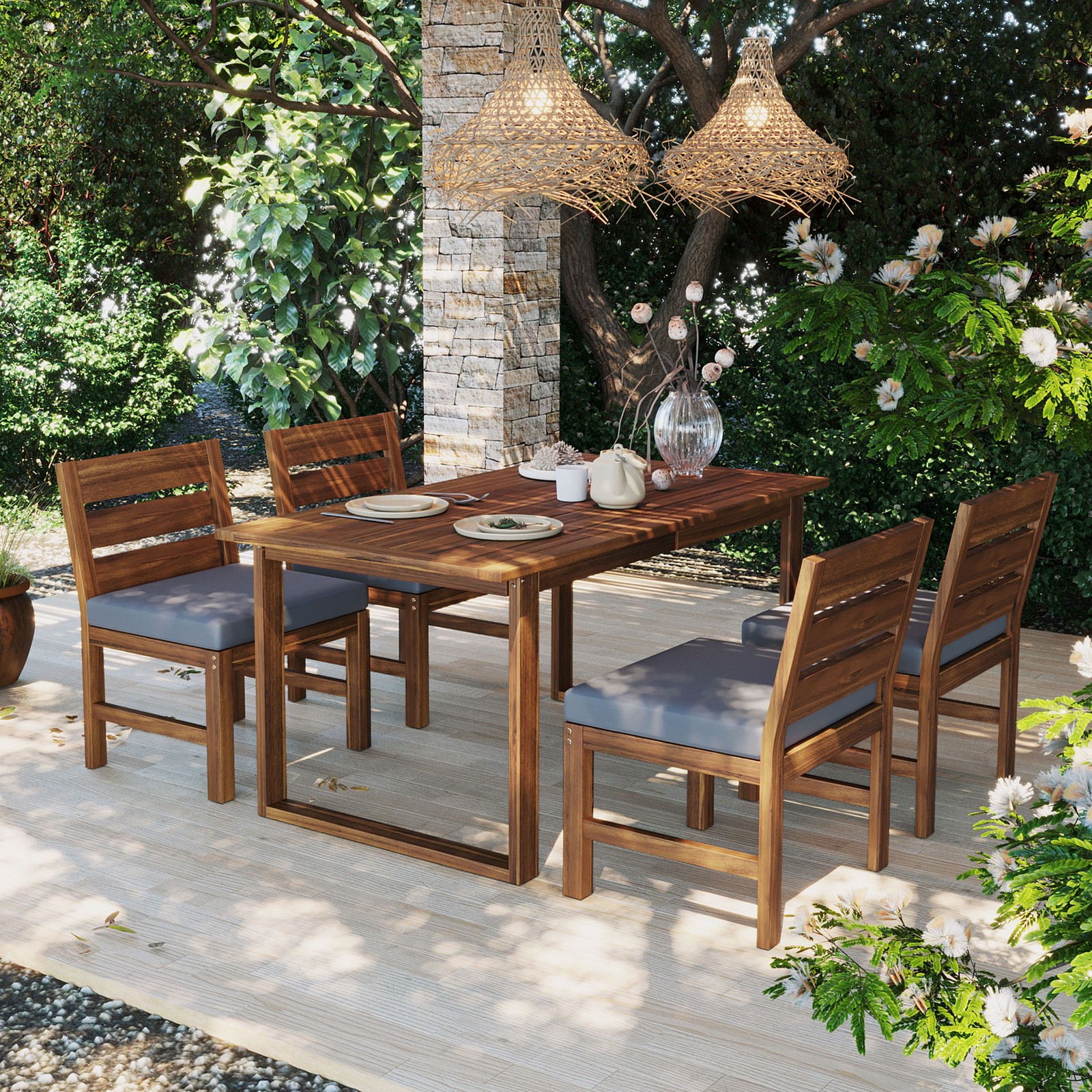 Acacia Wood Outdoor Dining Set for 4 with Cushions, Farmhouse Patio
