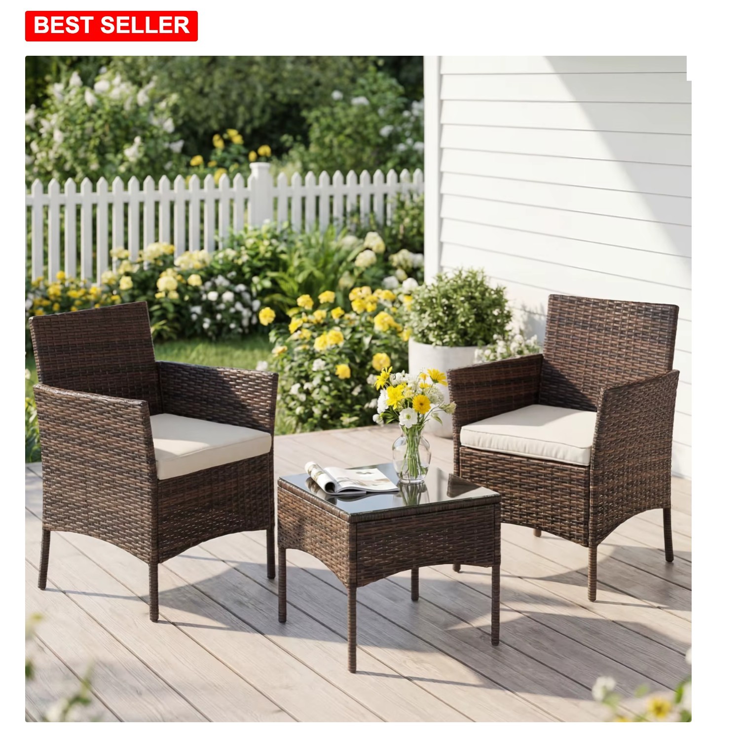 Outdoor Patio Furniture Set 3 Pcs Rattan Wicker Chairs Glass Table Garden