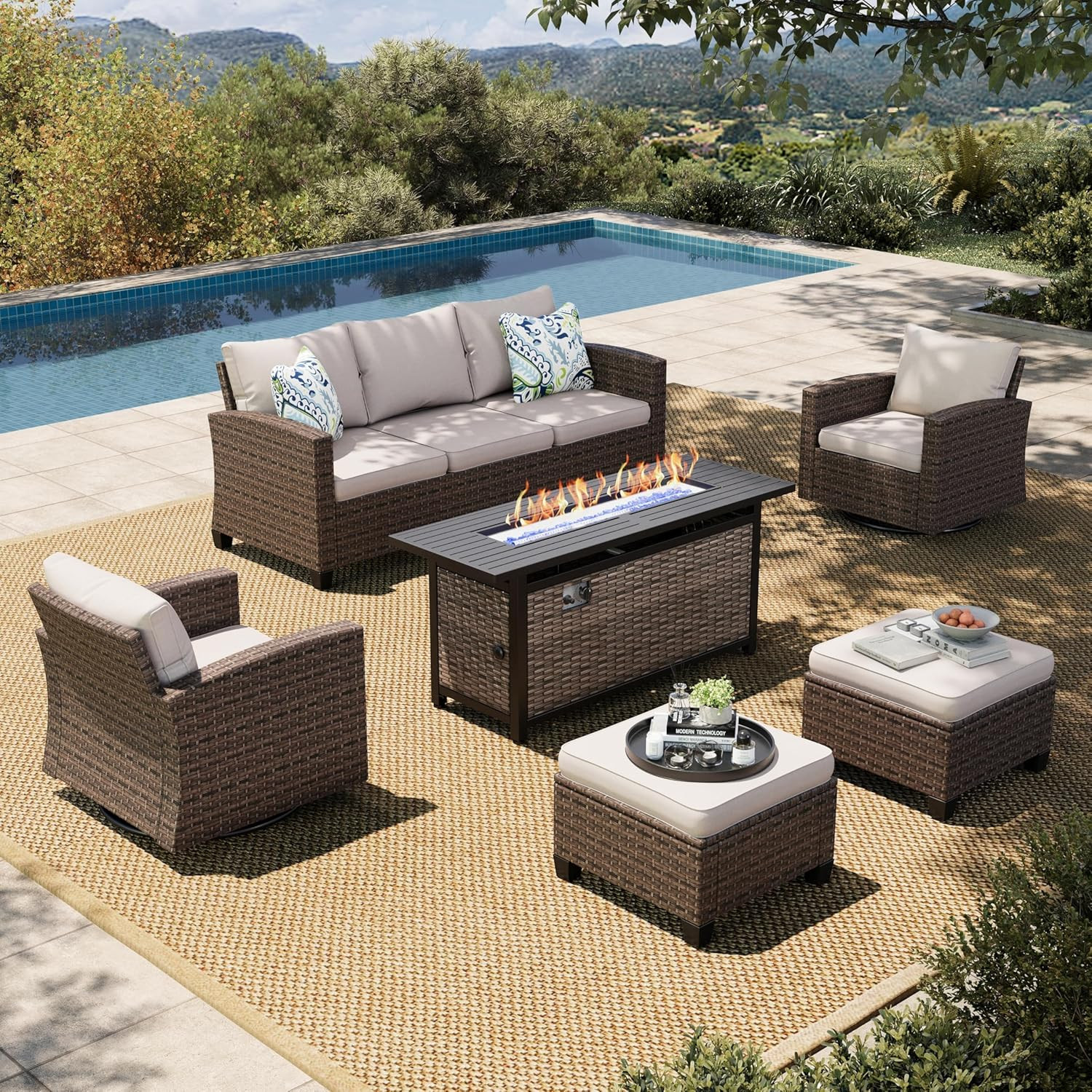 Swivel Glide Patio Furniture Set with 56″ Fire Pit Table, 6 Pieces Outdoor Wicke
