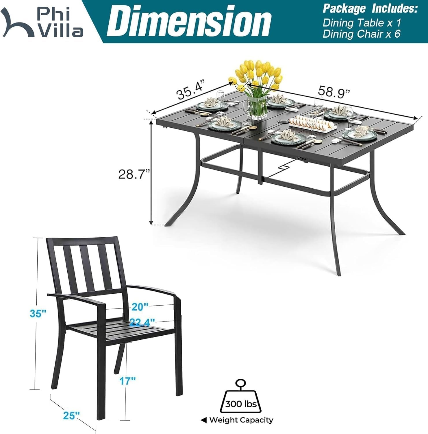 7 Piece Outdoor Dining Set for 6, 60” Rectangular Metal Table with Umbrella Hole