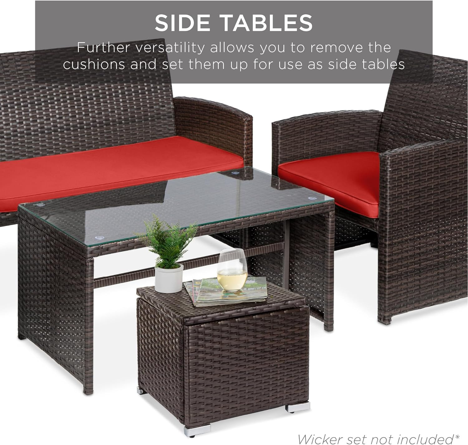 Red/Brown Wicker Ottomans Set of 2 – Versatile Outdoor Furniture with Storage