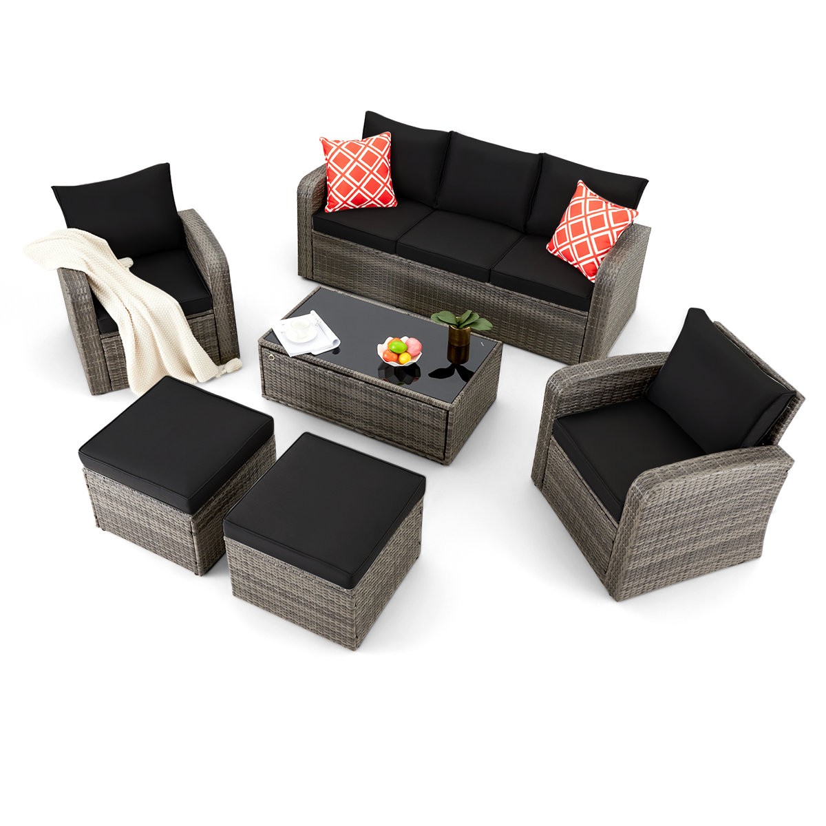 6-Piece Outdoor Patio Furniture Set Rattan Wicker Sofa W/ Cushions Table