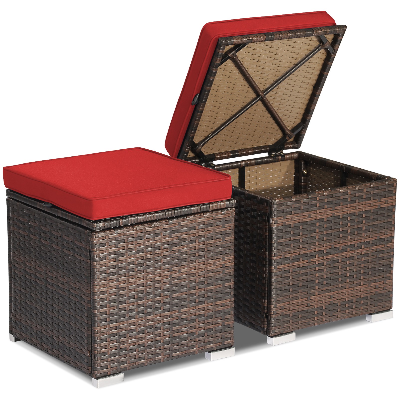2PCS Patio Rattan Ottomans Seat Side Table Storage Box Footstool W/Cushions Red