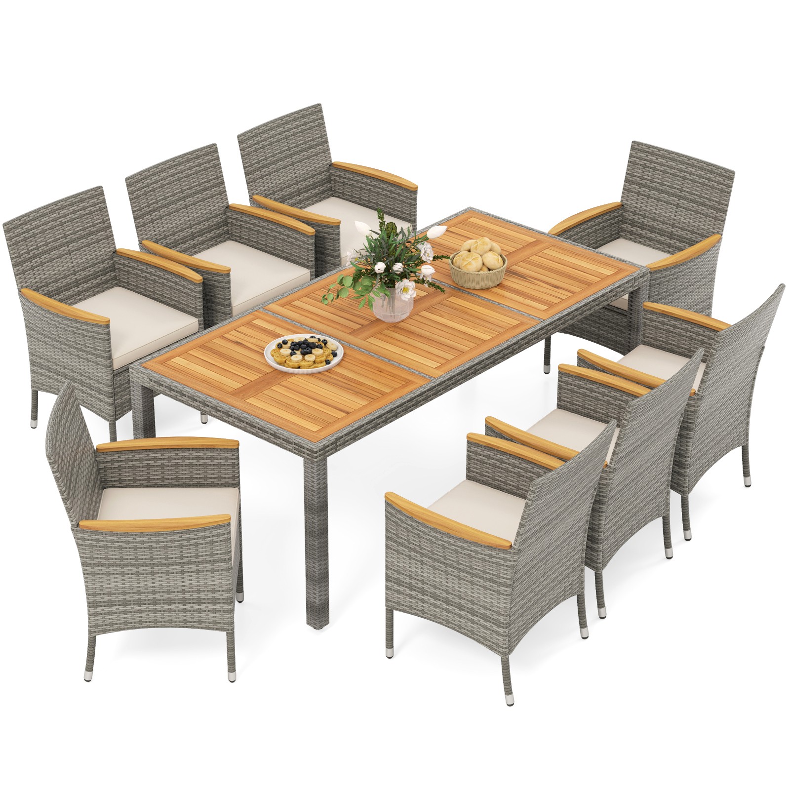 9 PCS Patio Dining Set for 8 Table and PE Rattan Chairs with 2″ Umbrella Hole