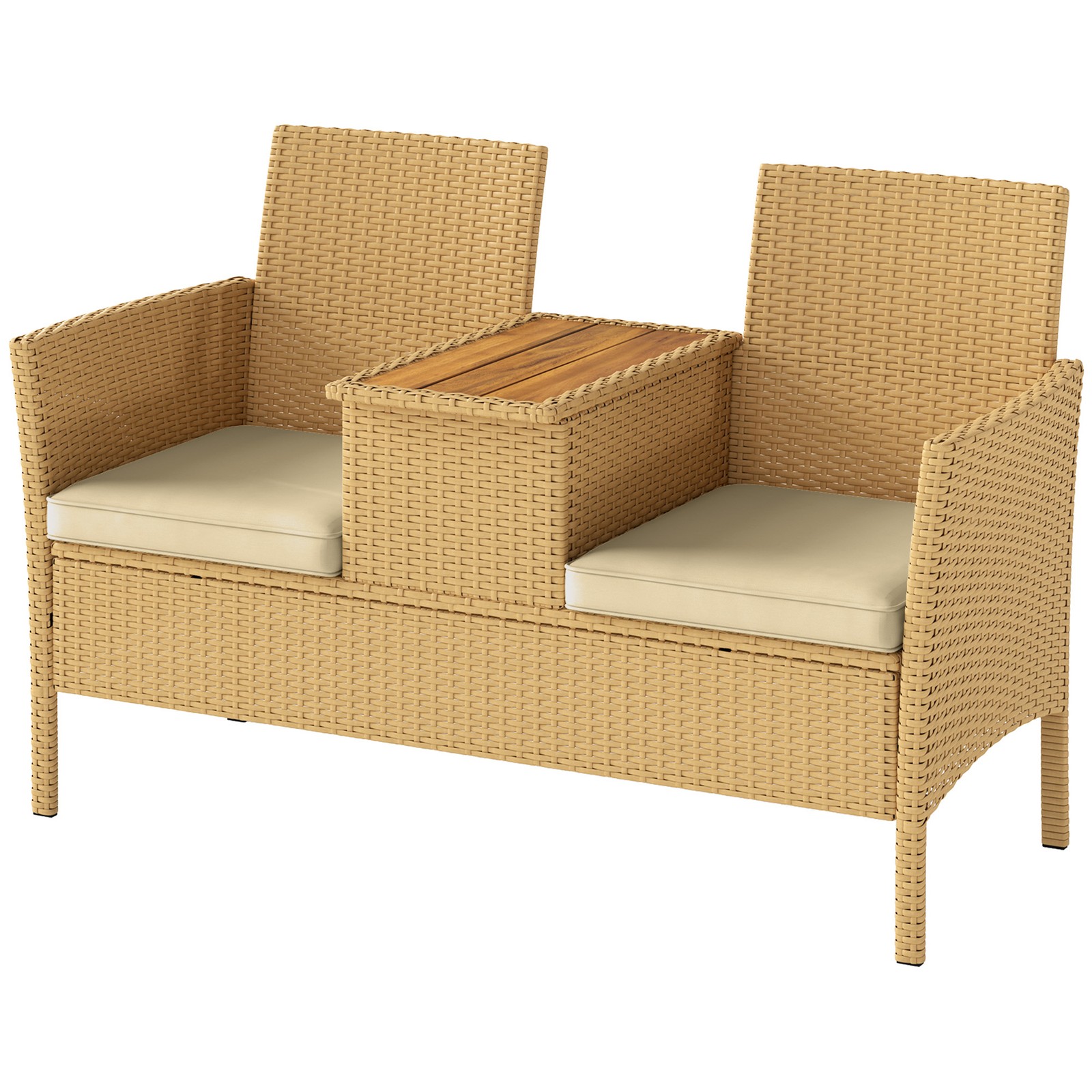 Khaki Outsunny Rattan Patio Loveseat, Wicker Sofa with Built in Coffee Table