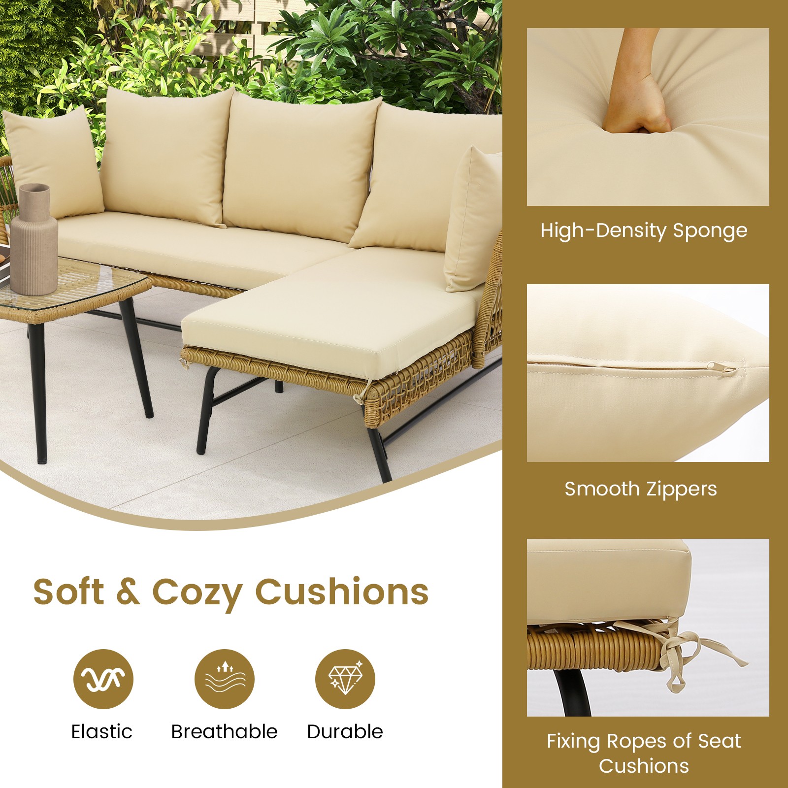 3 PCS L-Shaped Patio Sofa Set Conversation Furniture with Cushions Deck Garden