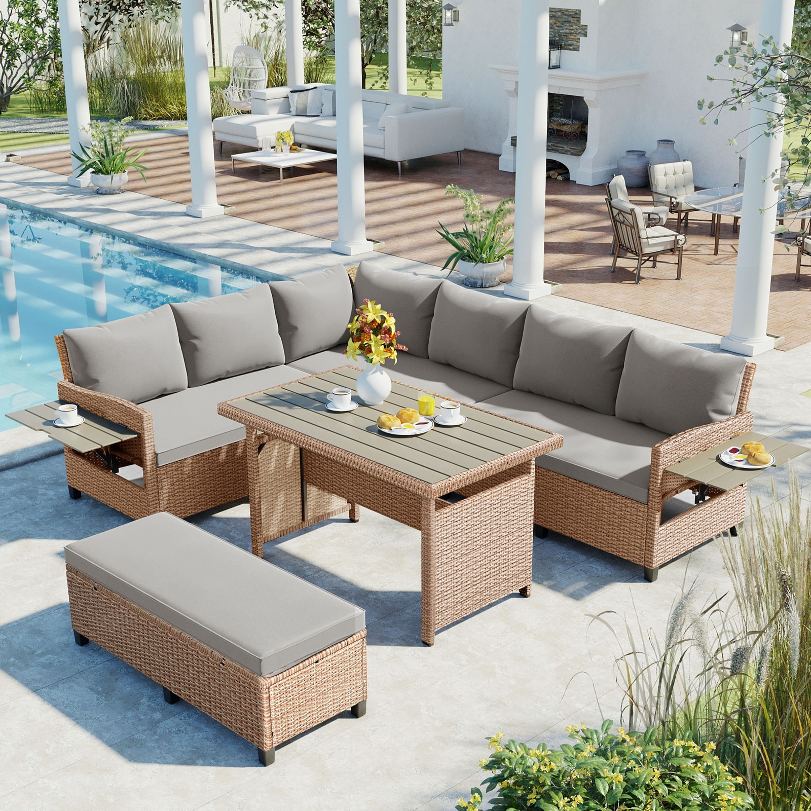 5Pieces Outdoor Patio Furniture Rattan Conversation Set L-Shaped Sofa Sets Brown