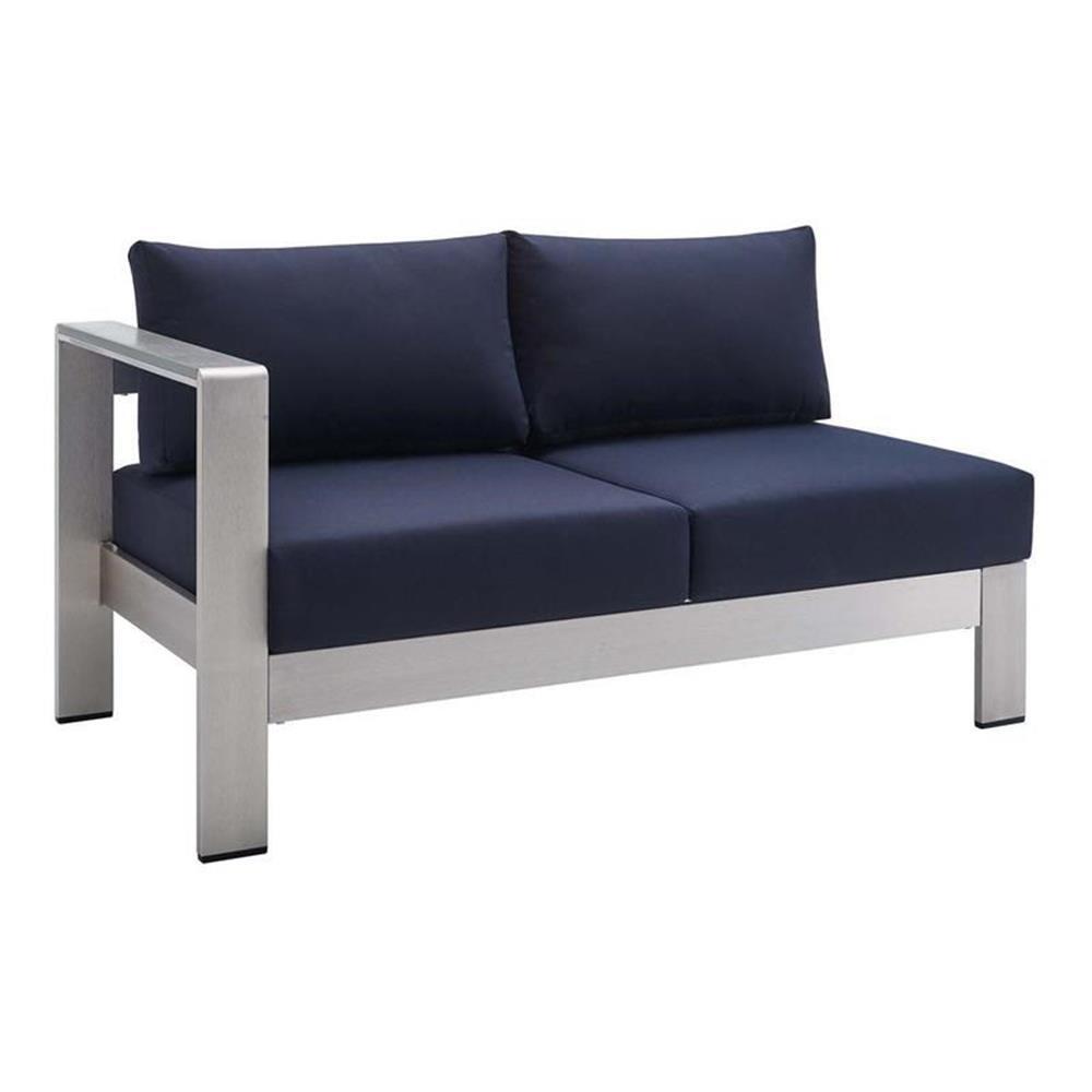 Modway Shore Fabric & Aluminum Outdoor Patio Left Arm Loveseat in Silver & Navy