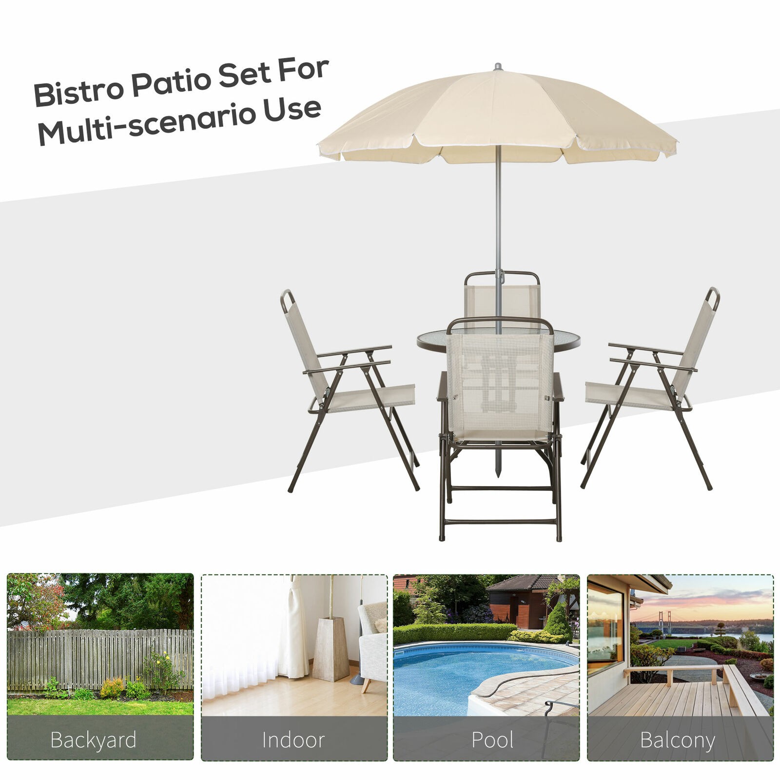 6 PCS Patio Dining Furniture Set with Umbrella 4 Folding Chairs and Table Garden