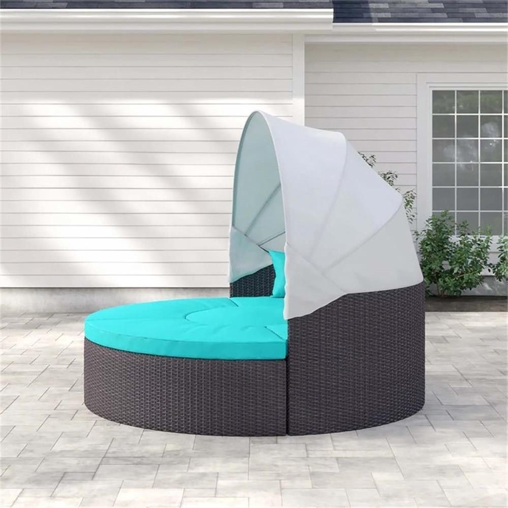 Bowery Hill Canopy Aluminum and Rattan Patio Daybed in Turquoise/Espresso
