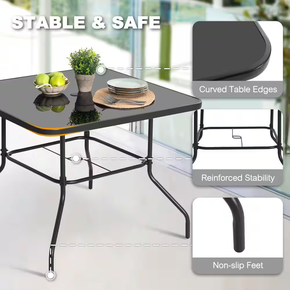 Black 5-Piece Textilene,Tempered Glass and Faux Wood Square Outdoor Dining Set w
