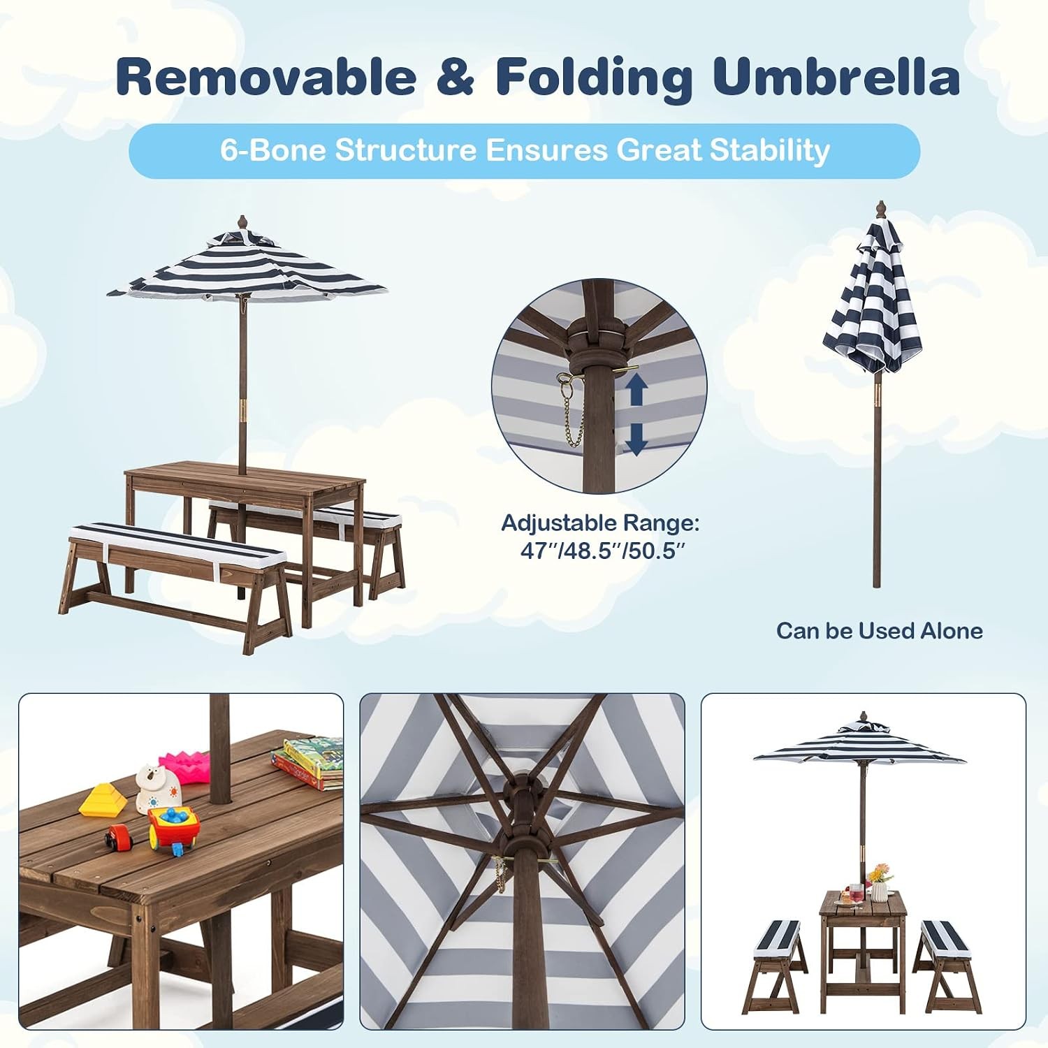 Kids Picnic Table 3 Heights Adjustable Umbrella Childrens Outdoor Bench