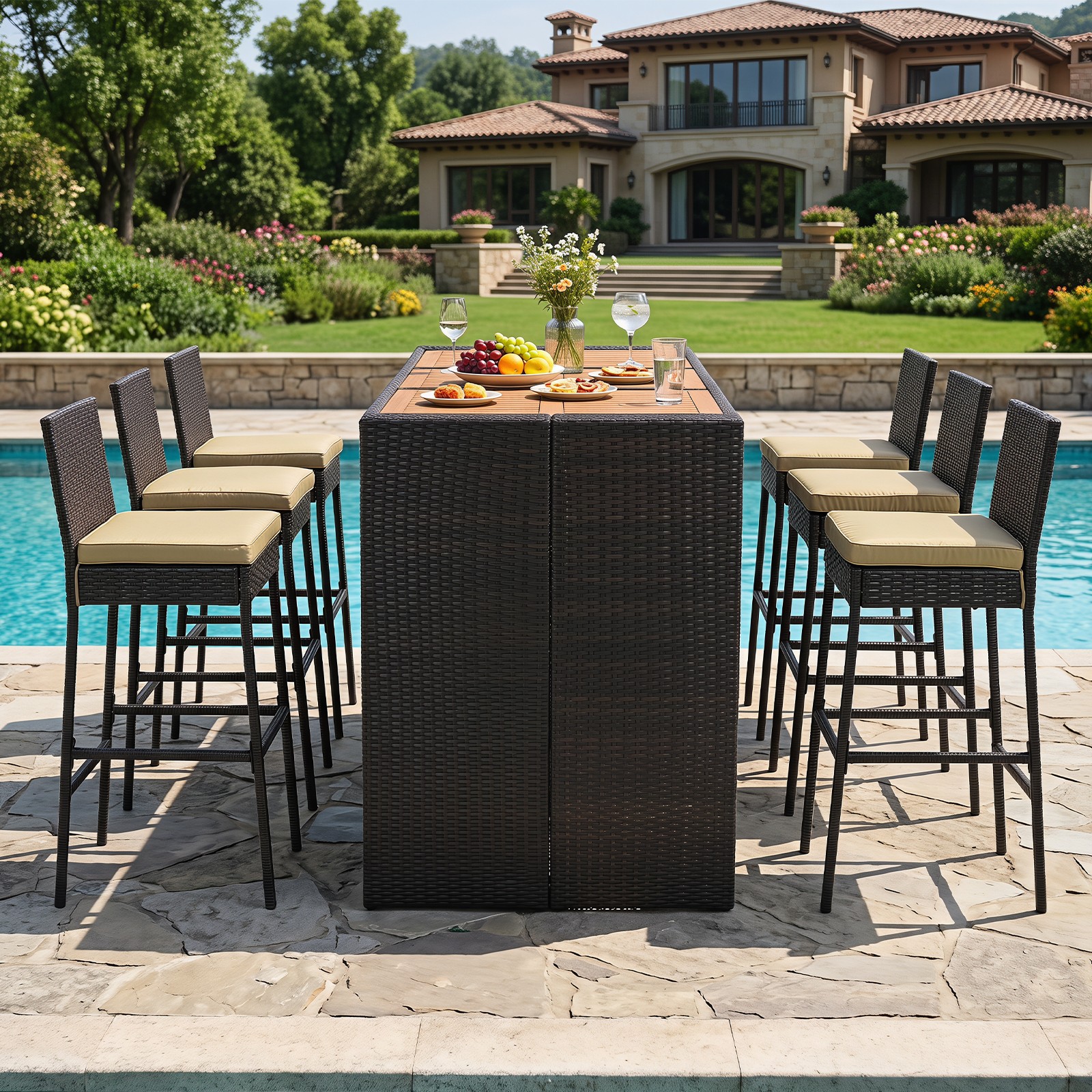 7-Piece Outdoor PE Wicker Bar Set with Bar Height Table 6 Cushioned Stools