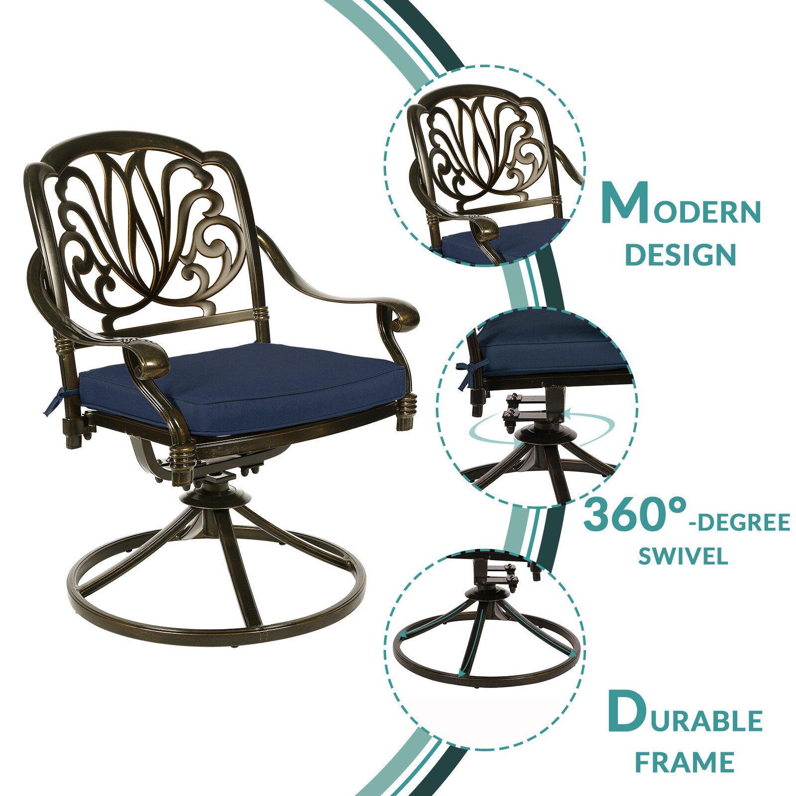 3PC Outdoor Patio Bistro Dining Set Cast Aluminum W/ 2 Swivel Chairs Round Table