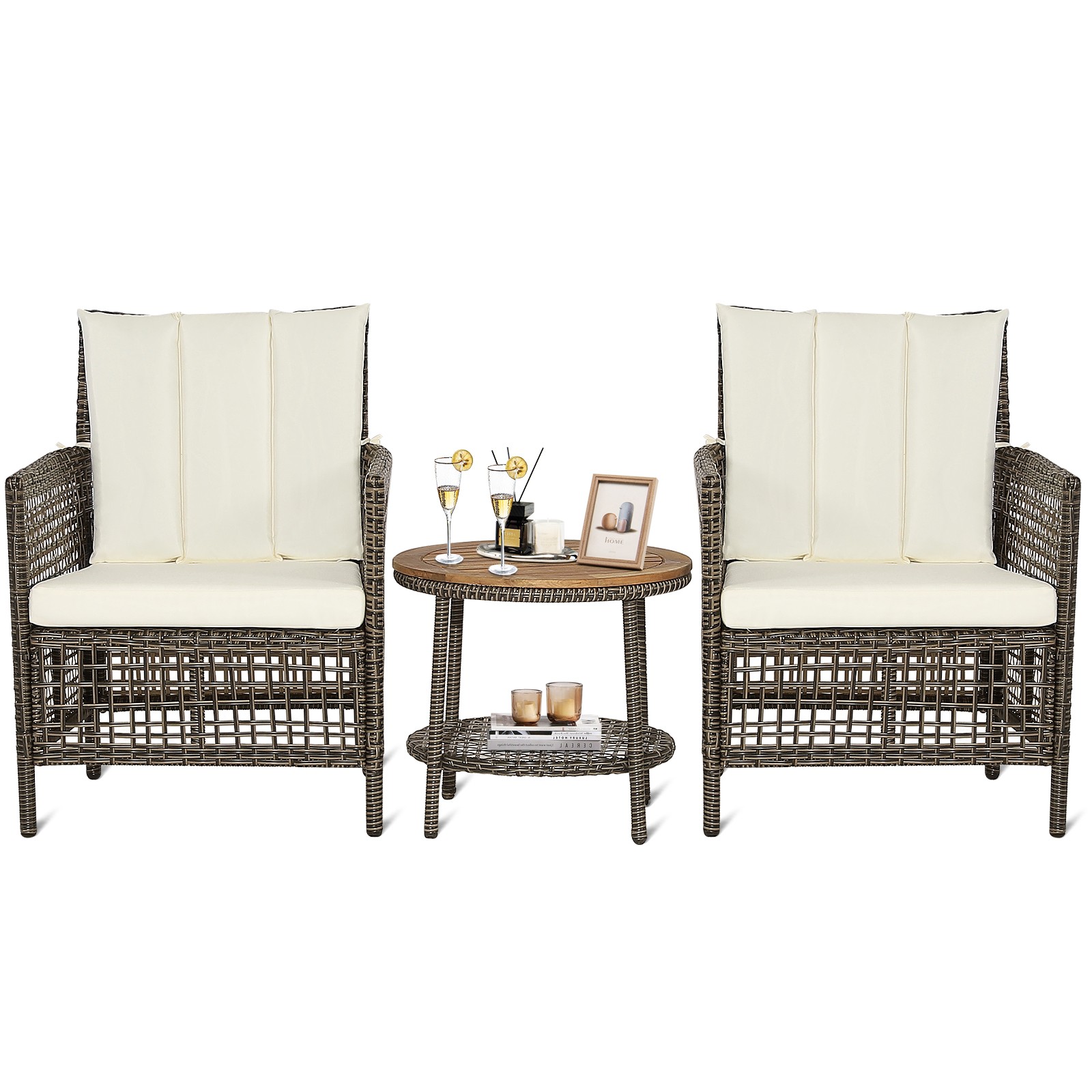 Patiojoy 3PCS Patio Rattan Furniture Set Cushioned Sofas Wood Table Top W/Shelf