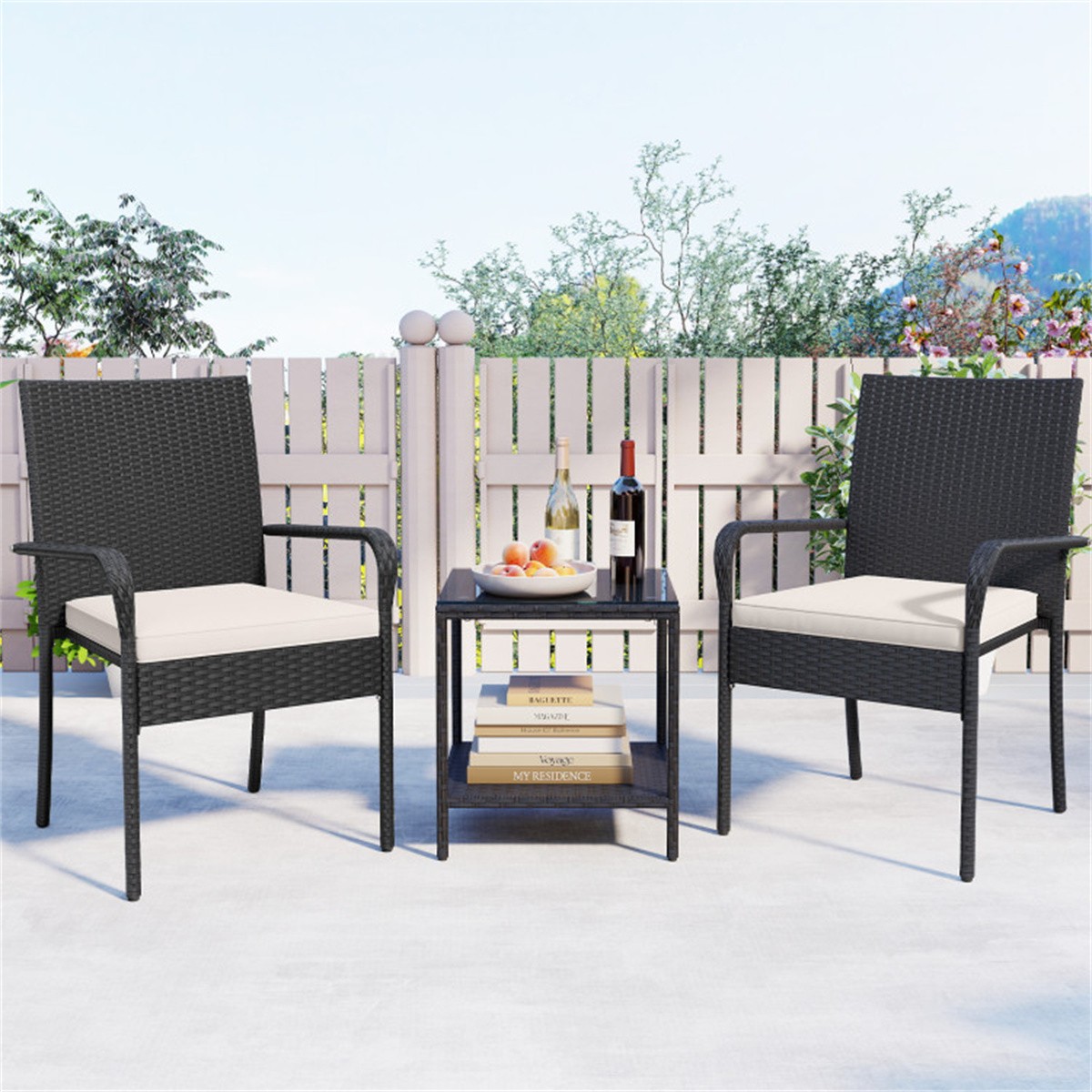 3-Piece Patio PE Wicker Bistro Set 2-Tier Side Table Outdoor Chair Set