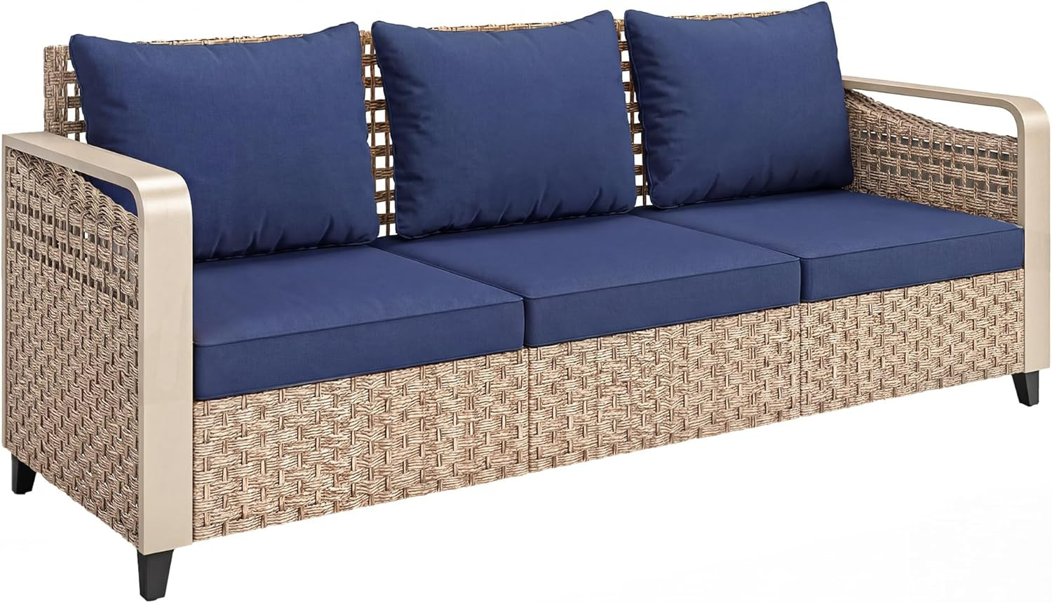 Outdoor Patio Couch with Wide and Deep Seat, 3 Seater Wicker Outdoor Sofa with W
