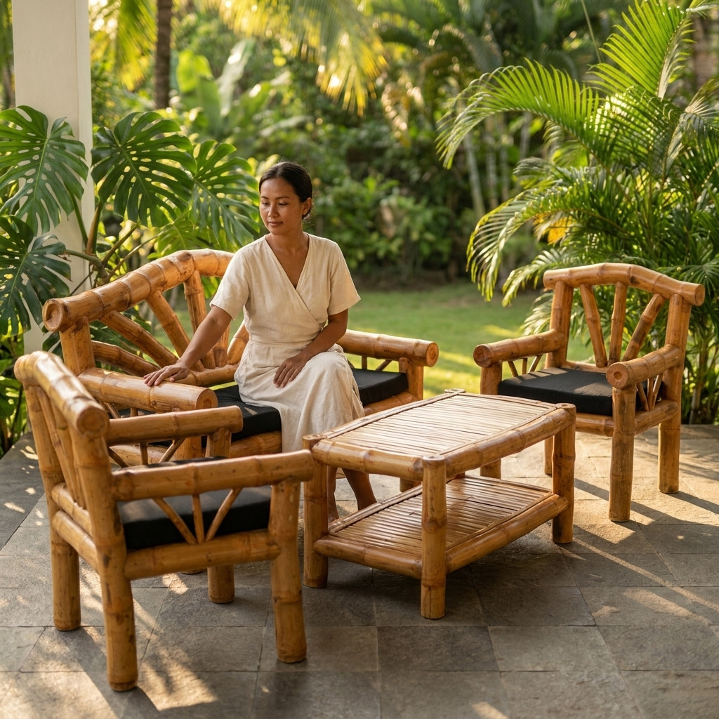 Kinaree UBUD Bamboo Seating Set Garden Bench Table Chairs Beige Tropical