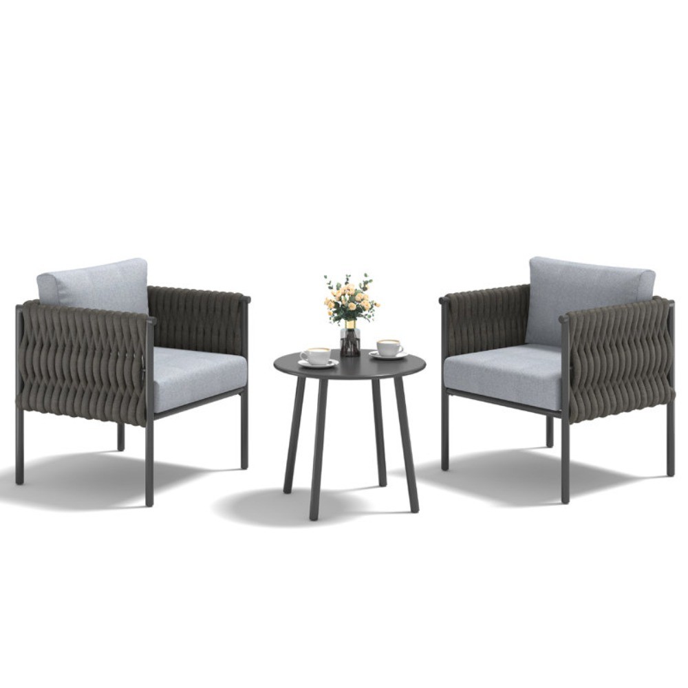3 Piece Patio Bistro Set Olefin Rope Chairs Round Table 4 Inch Cushions