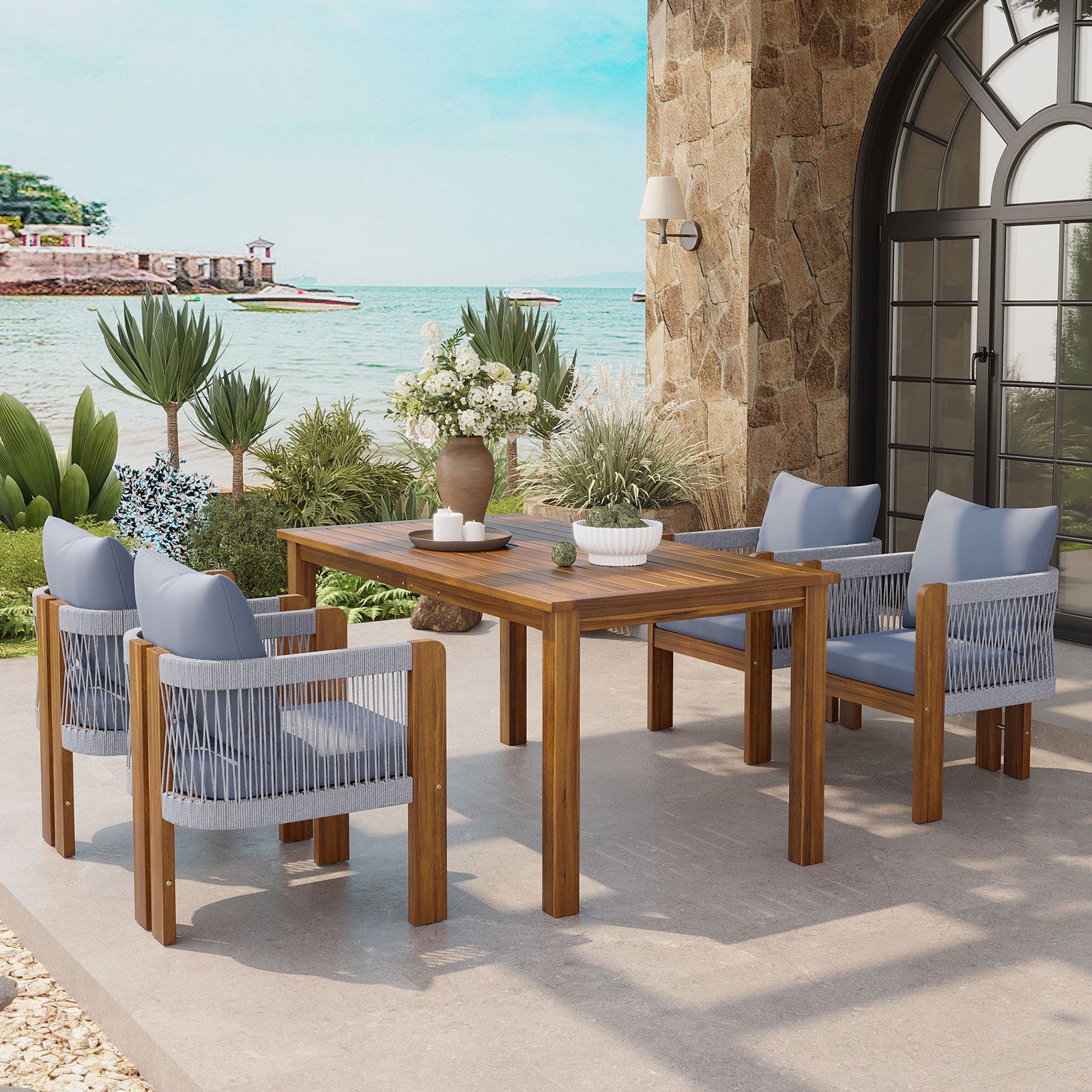 Acacia Wood 5-Piece Outdoor Dining Set with Cushions, Seats 4
