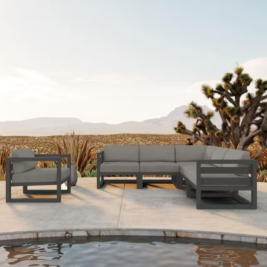 Misty Cove 6 Pc Aluminum Seating Set Sectional in Slate/Canvas Charcoal by