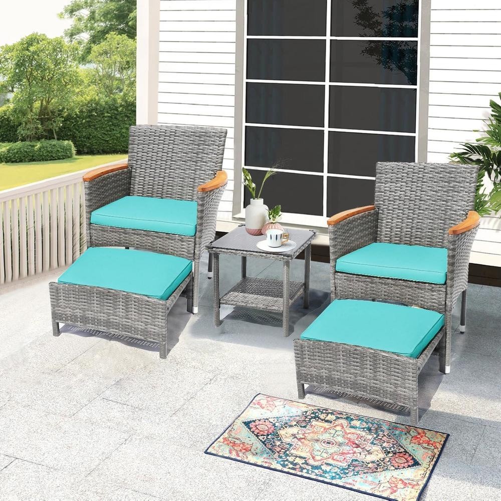 5 Piece Outdoor Wicker Ottoman Wicker Patio Lawn Garden Furniture Cushion Set