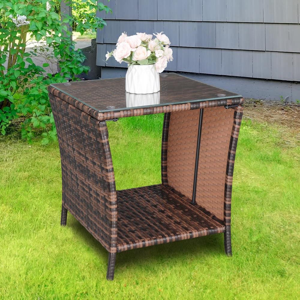 Wicker Rattan Side Tea Table with Glass Patio Furniture Outdoor Storage Tables