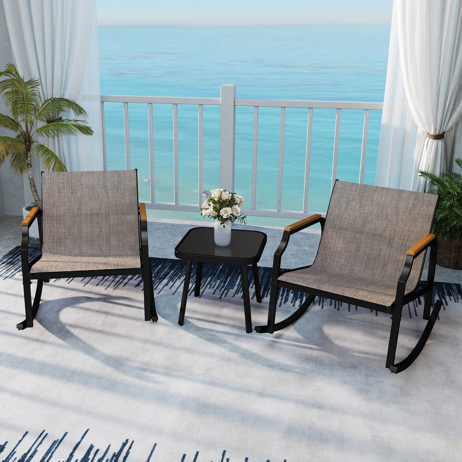 3 Pieces Rocking Bistro Set Outdoor Conversation Set w/ Porch Rocking Chairs