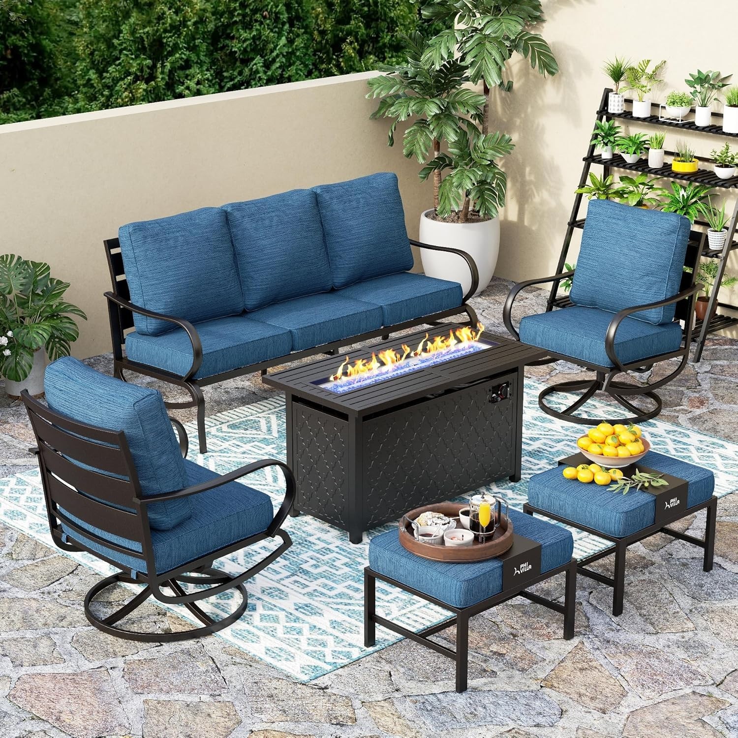 6 PCS Patio Furniture Set Garden Lawn Outdoor Set With Gas Fire Pit Table Heater