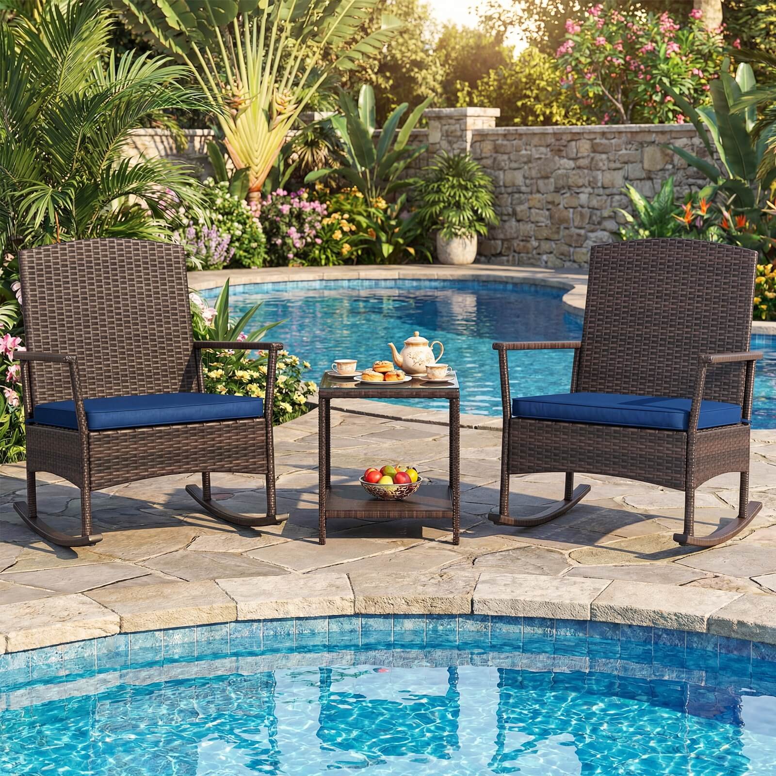 3 Piece Patio Rocking Bistro Set, 2 Rattan Armchairs w/ 2-Tier Side Table
