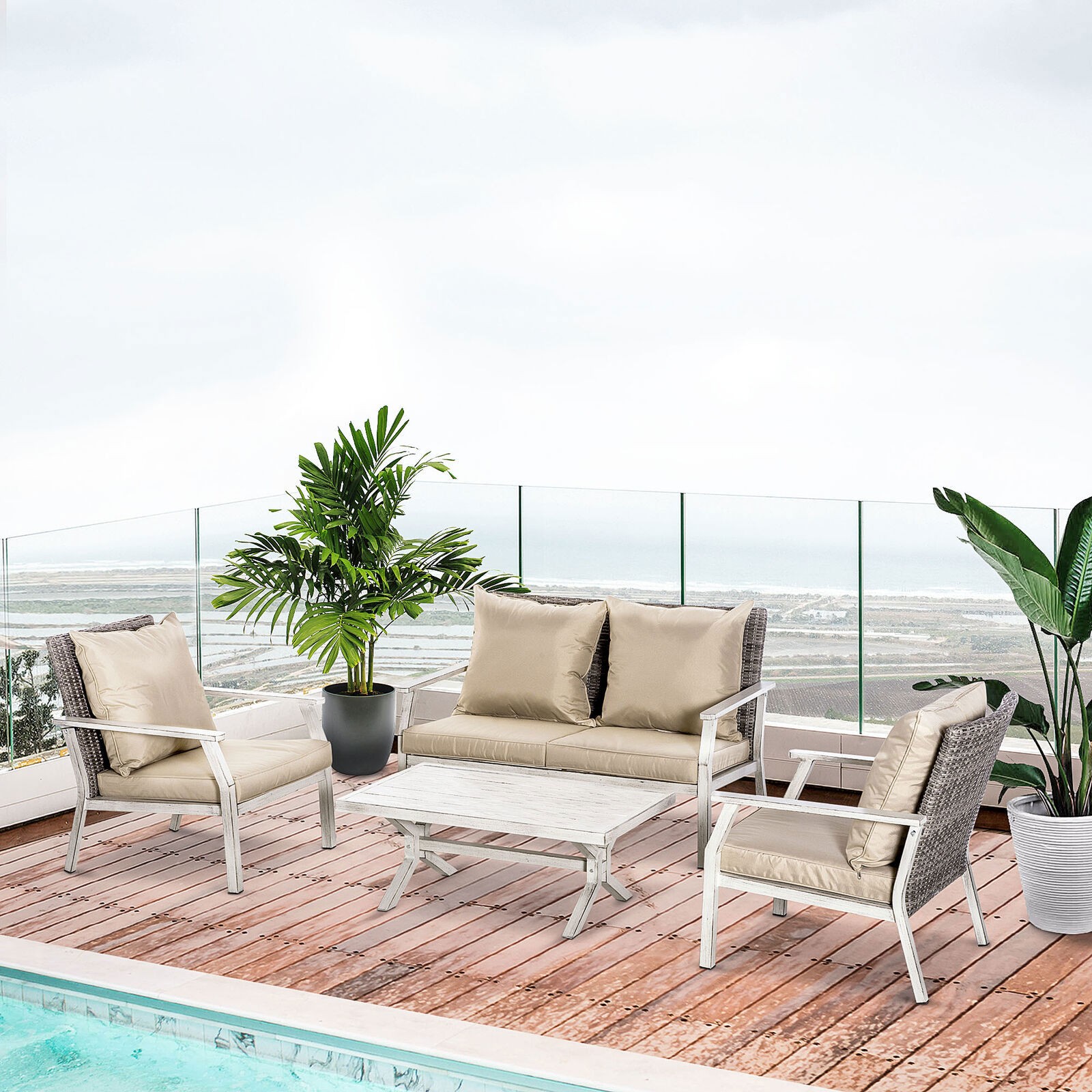 4 Pieces Patio Furniture Set Outdoor Conversation Sofa Table for Garden Poolside